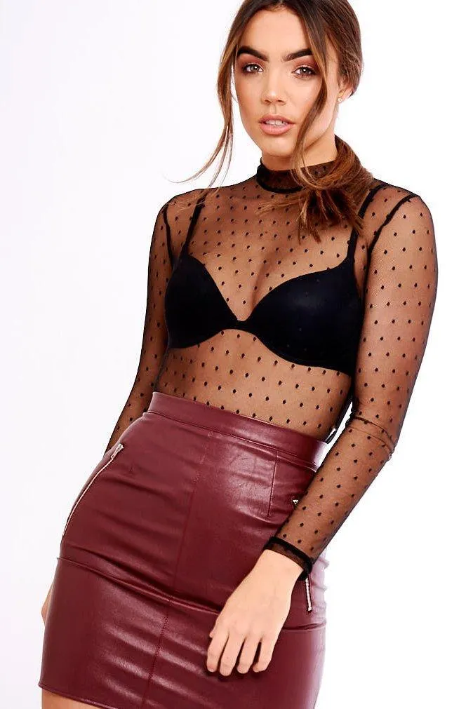 Black Sheer Mesh Diamond Print Bodysuit - Candice