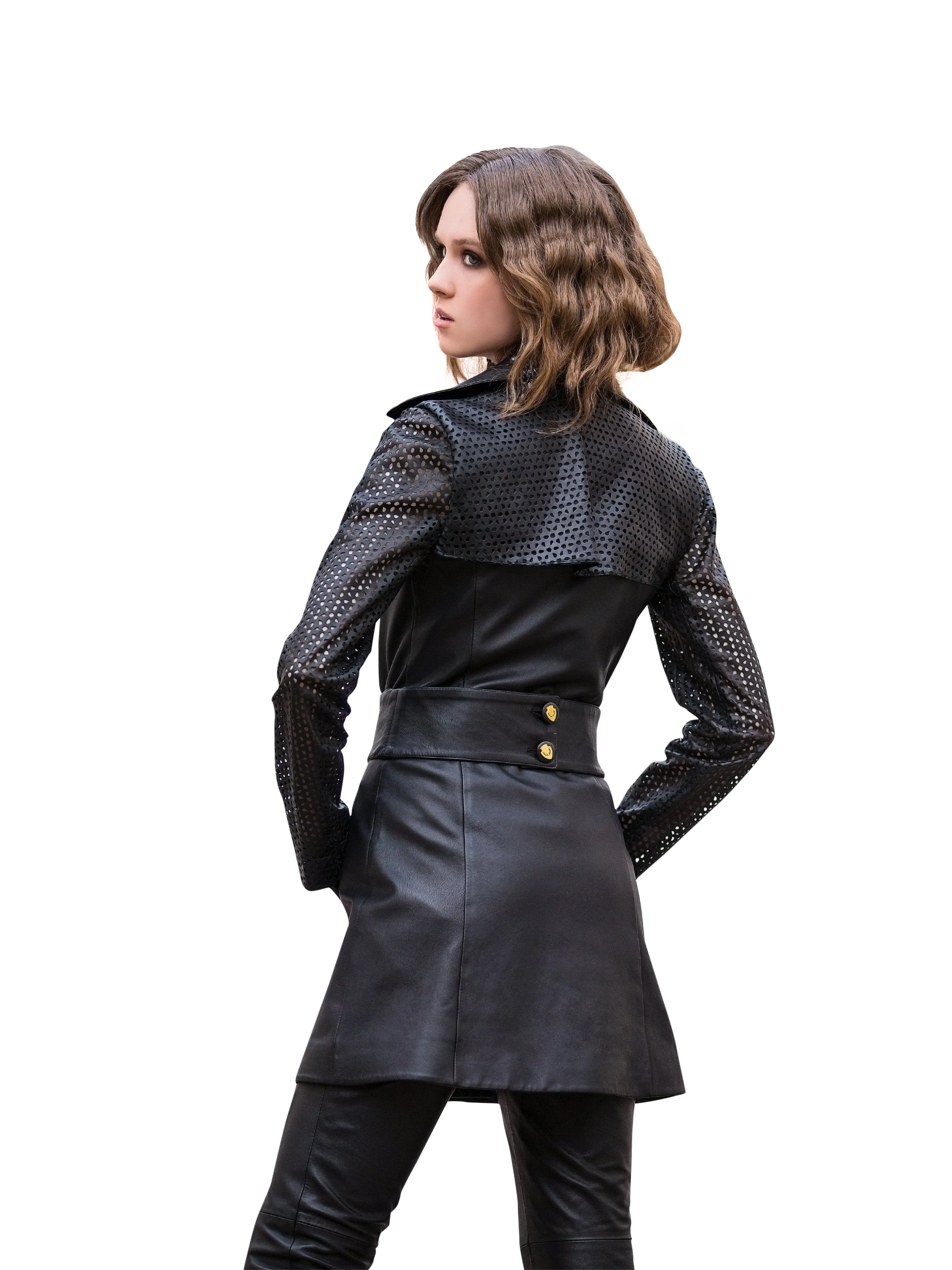 Black Sleeve Perforated Reindeer Leather Trench Limited Edition - Only one left M