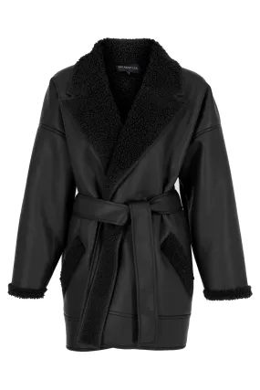 BLACK VEGAN LEATHER TEDDY DETAILED COAT WITH TIE DETAIL