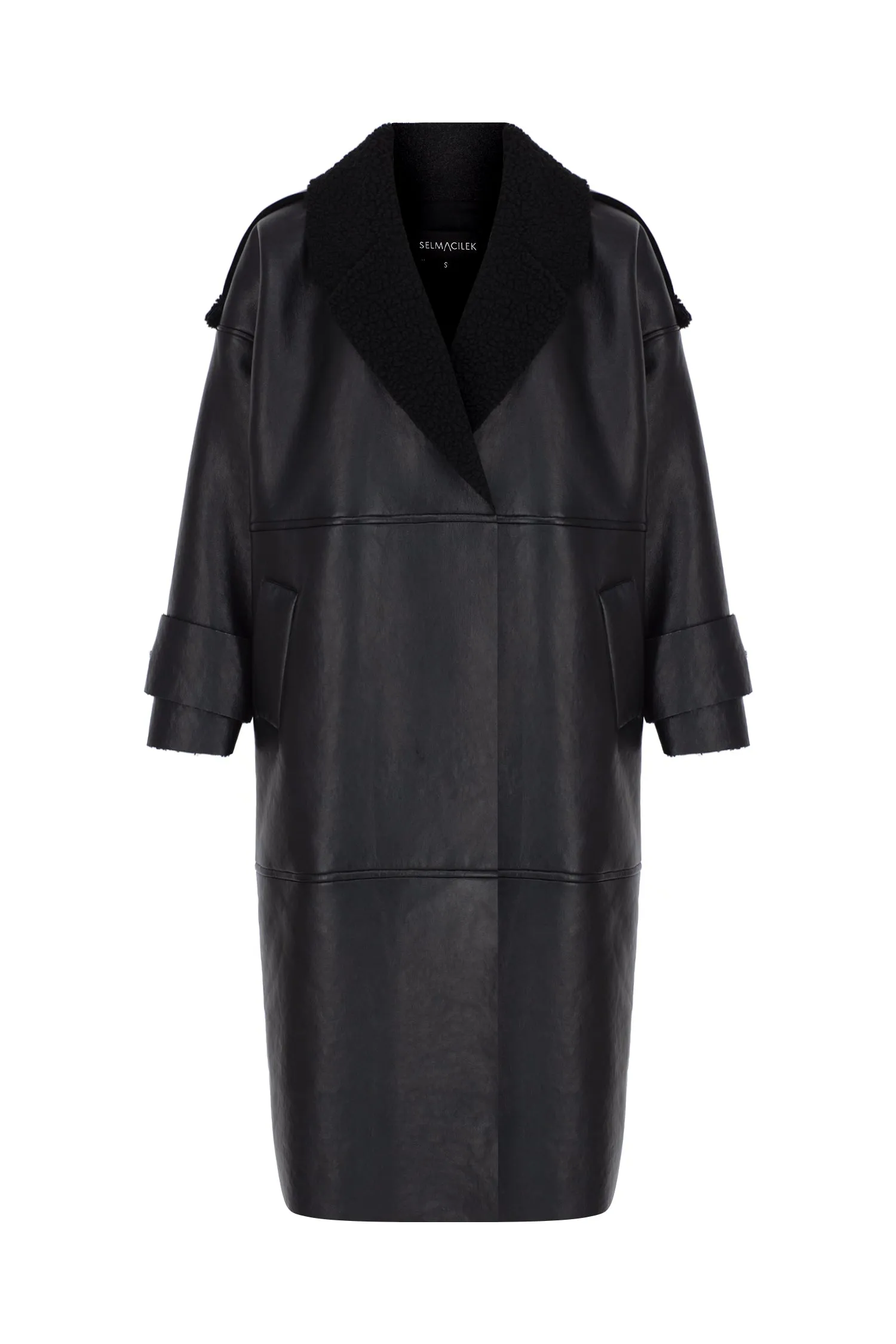 BLACK VEGAN LEATHER TEDDY DETAILED LONG COAT