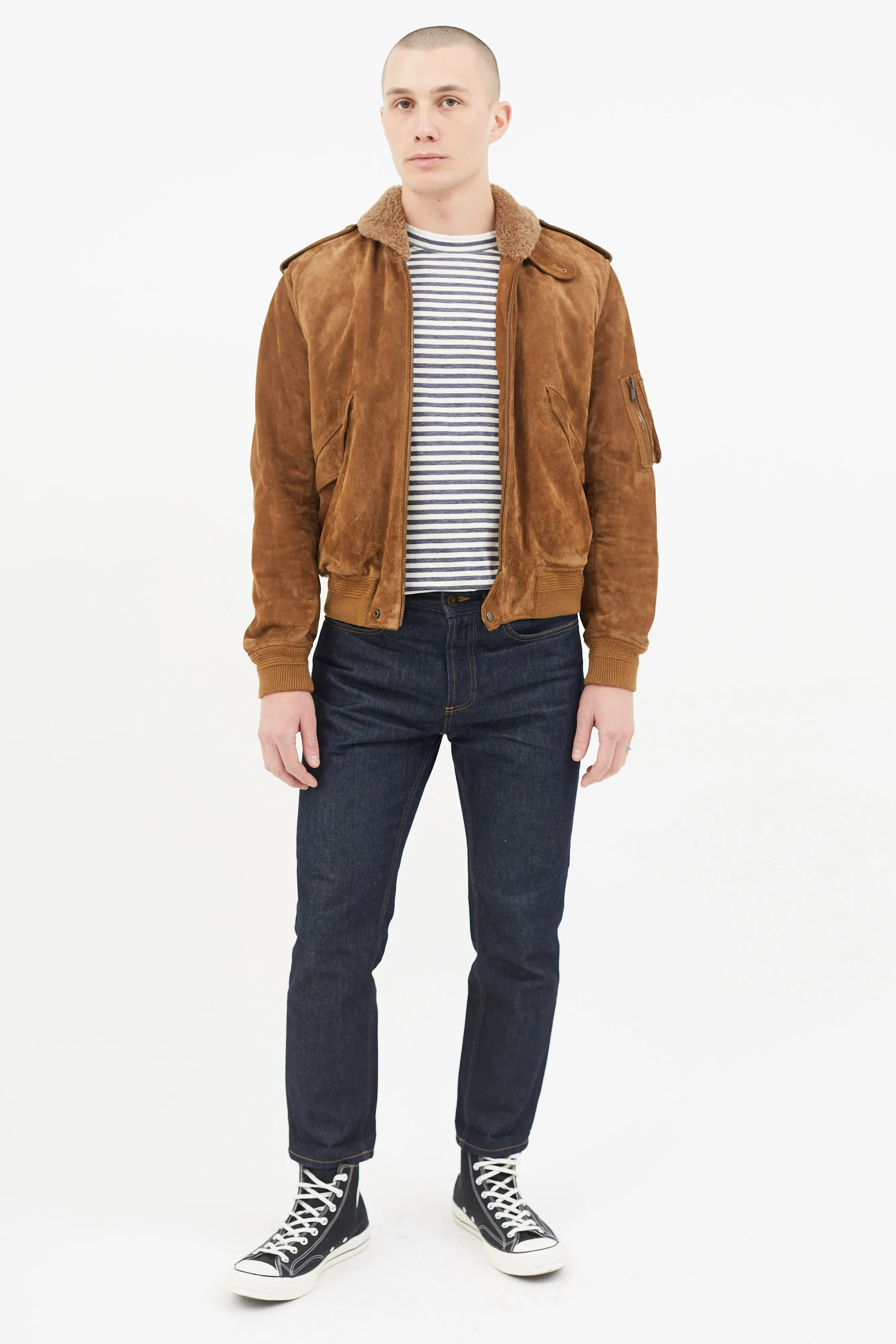 Brown Suede & Shearling Lined Bomber Jacket