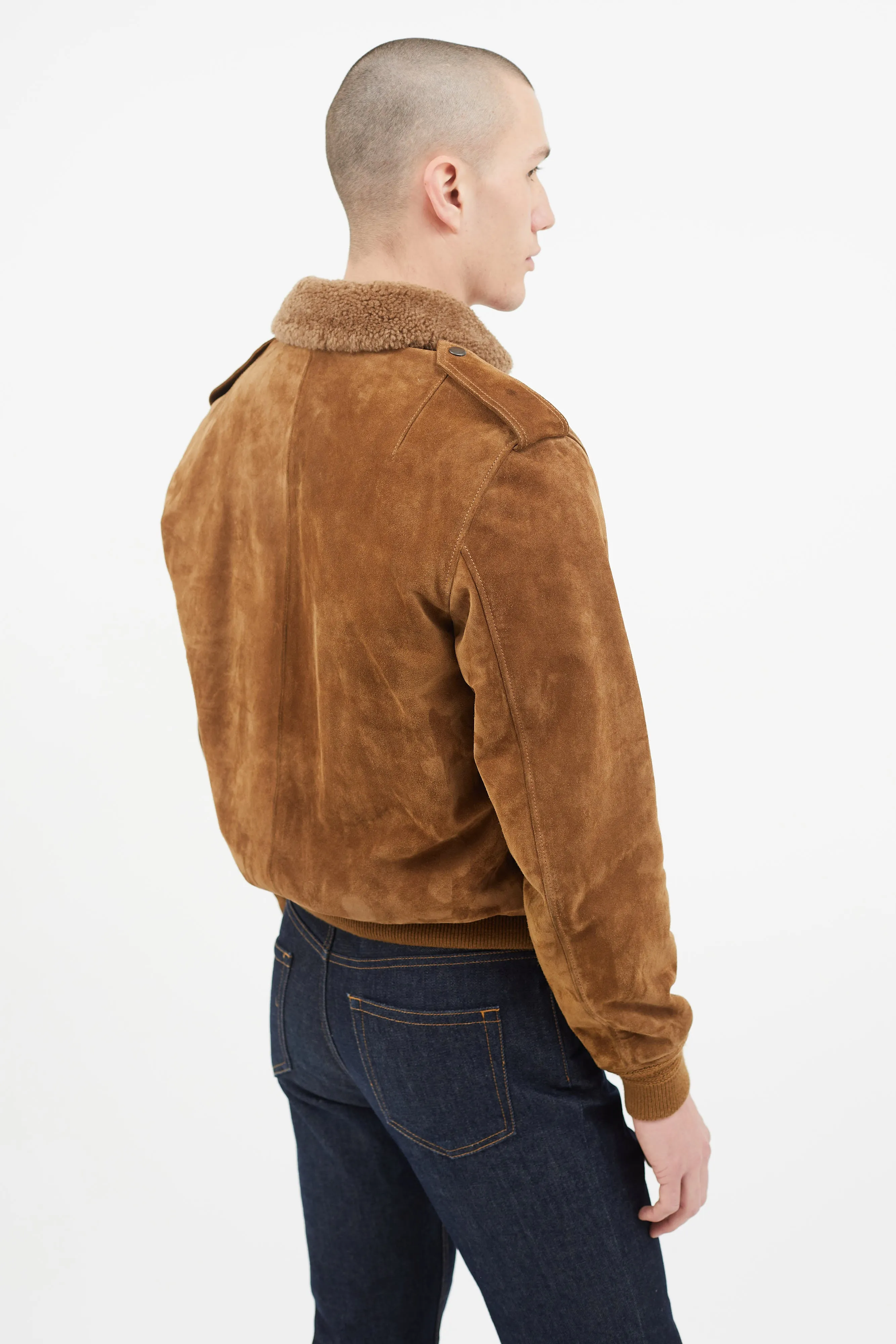 Brown Suede & Shearling Lined Bomber Jacket