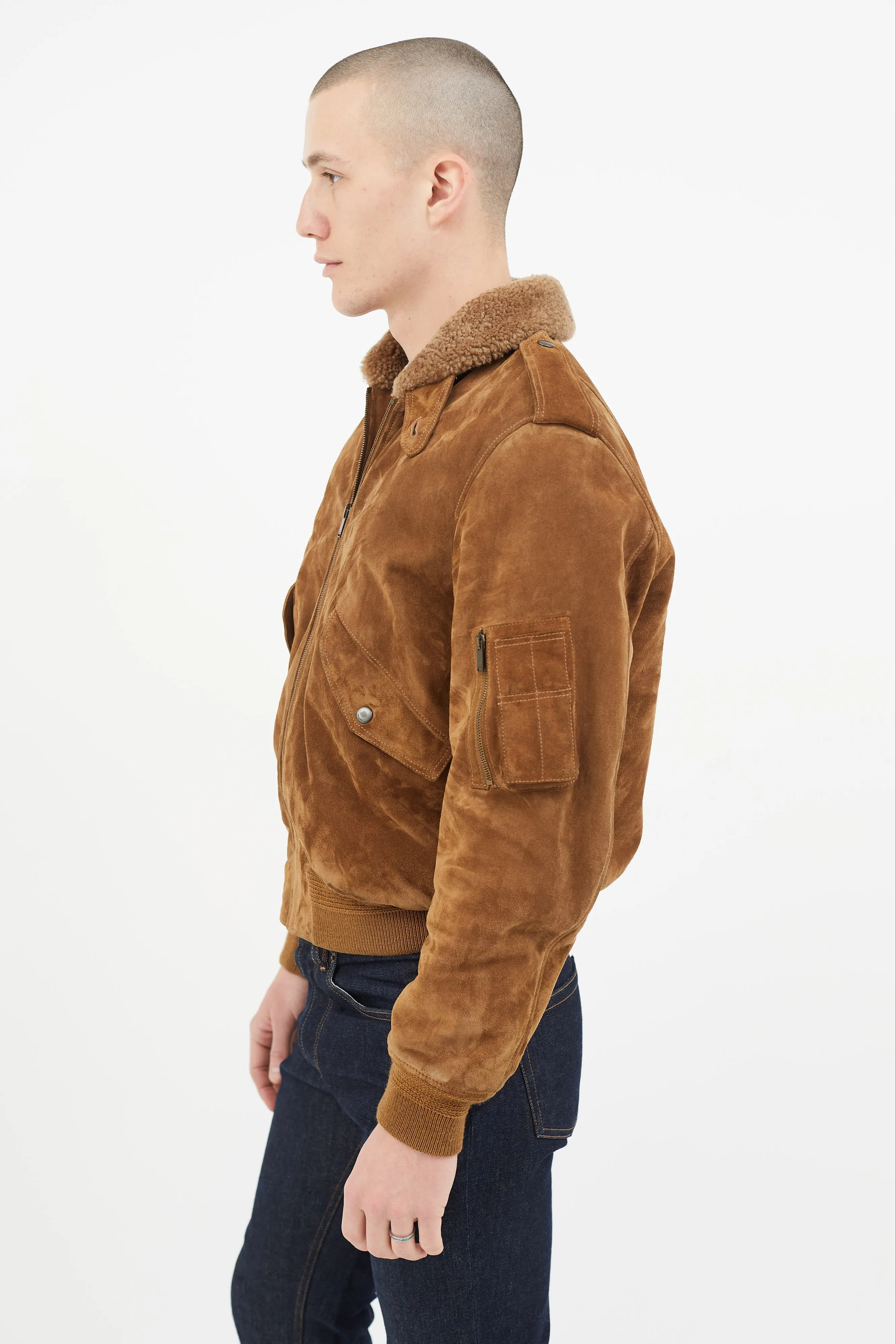 Brown Suede & Shearling Lined Bomber Jacket