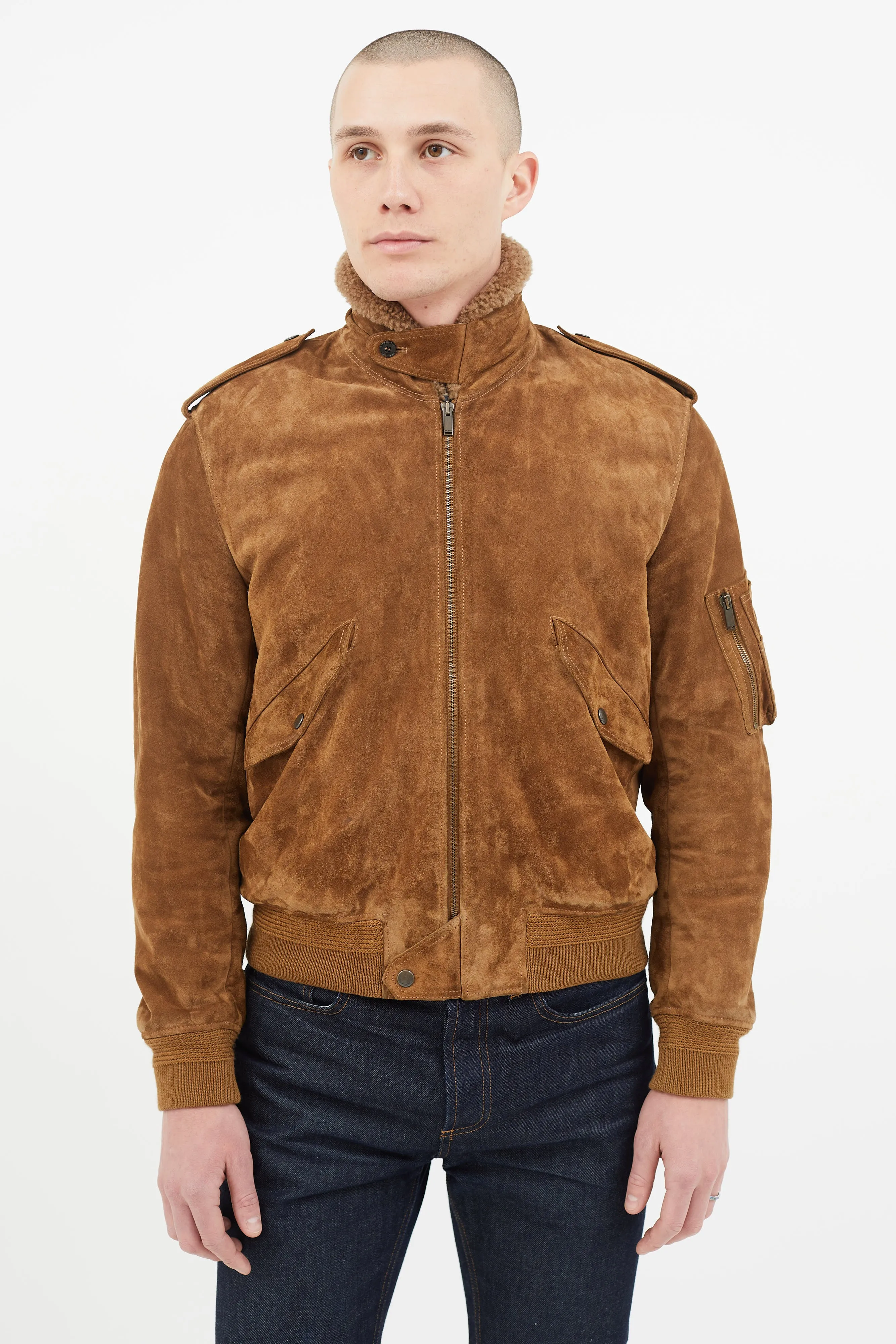 Brown Suede & Shearling Lined Bomber Jacket