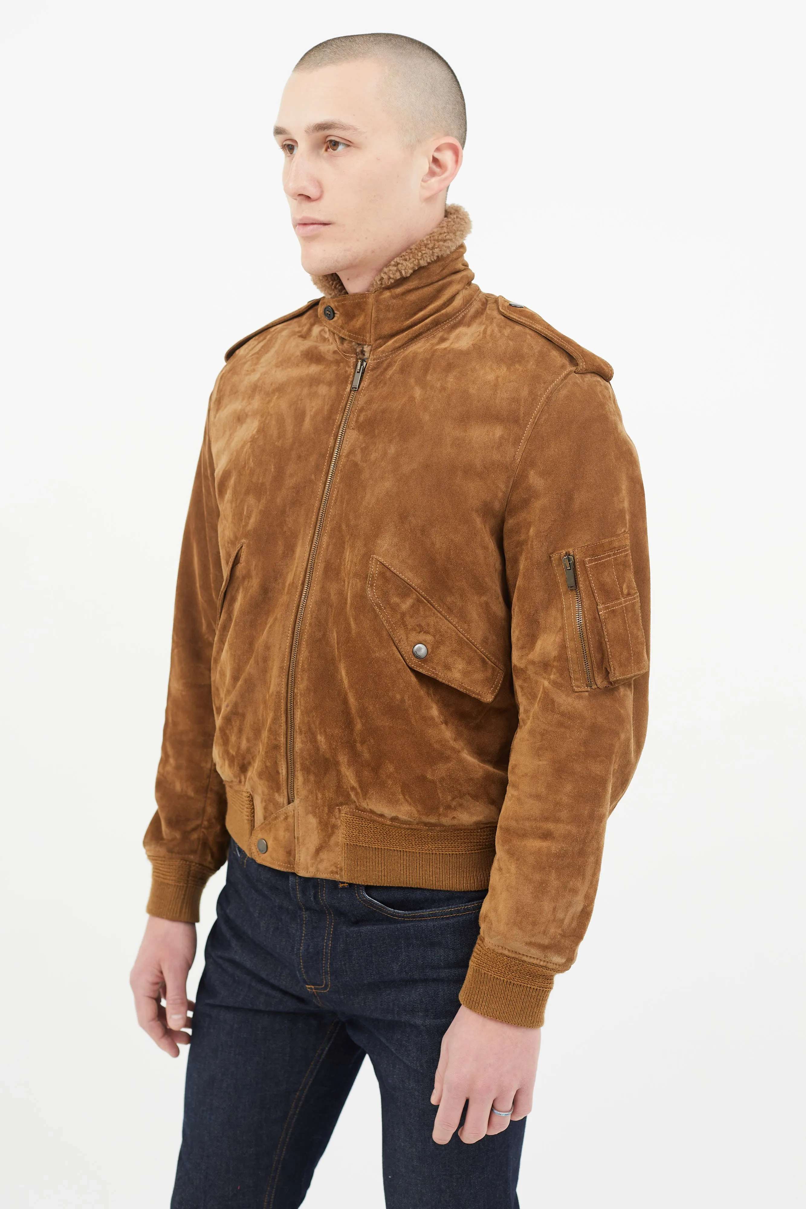 Brown Suede & Shearling Lined Bomber Jacket