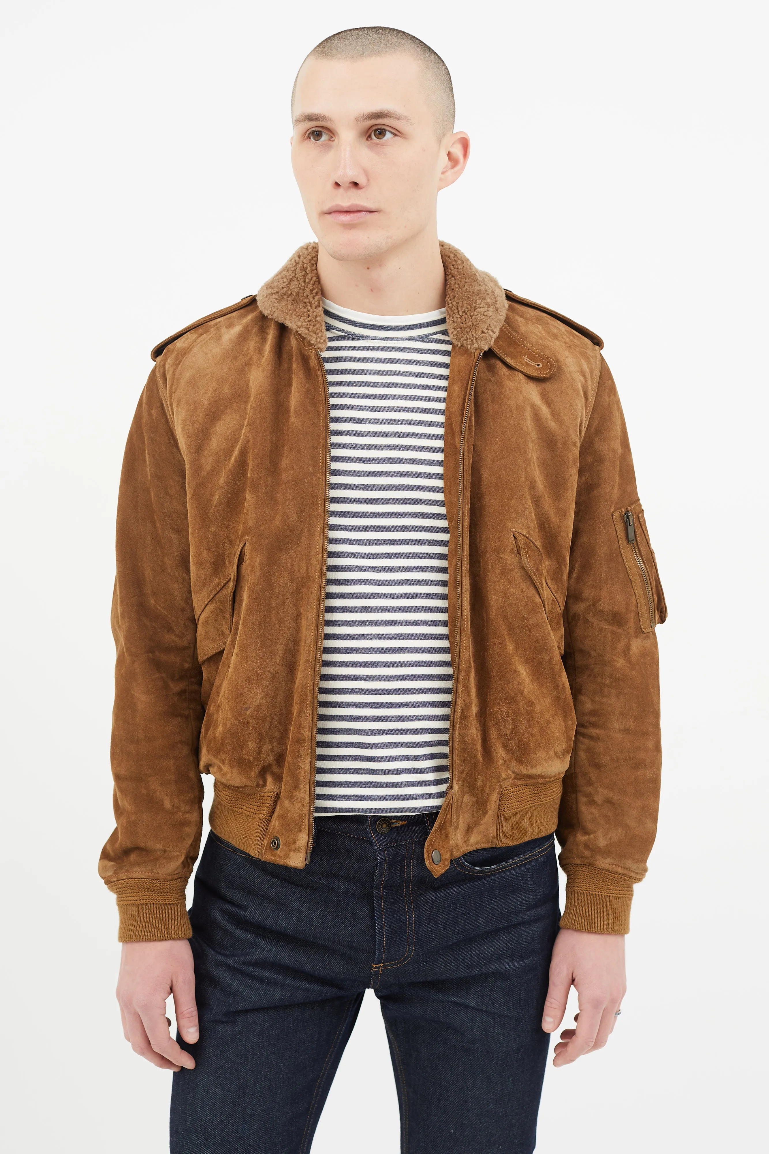 Brown Suede & Shearling Lined Bomber Jacket