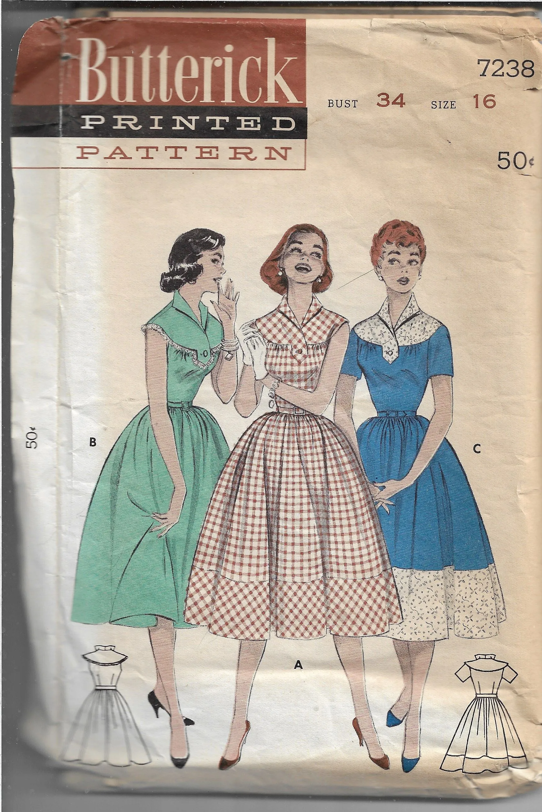 Butterick 7238 Full Skirt Dress Vintage Sewing Pattern 1950s