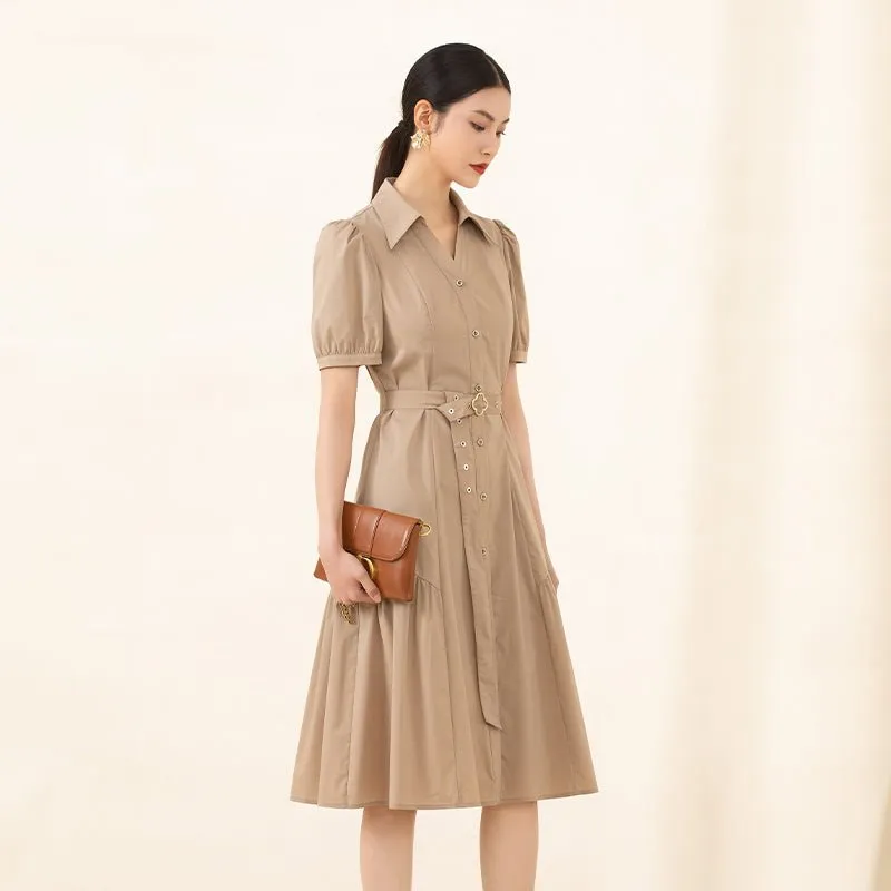 Camel Shirt Style Belted Midi Dress