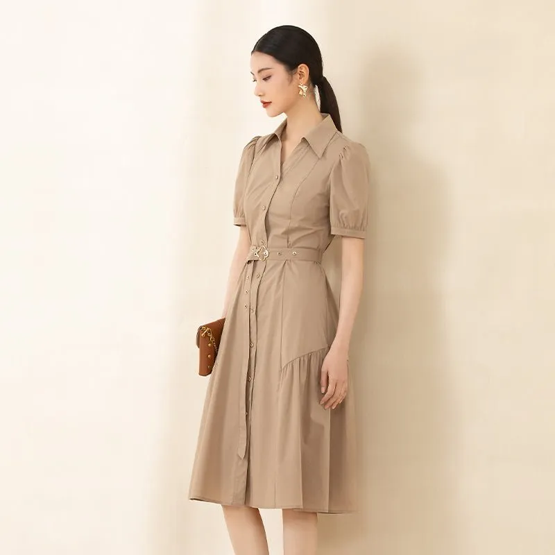 Camel Shirt Style Belted Midi Dress