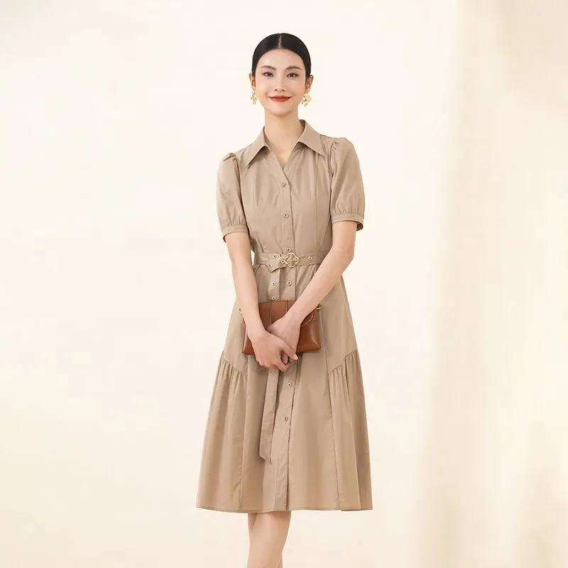 Camel Shirt Style Belted Midi Dress