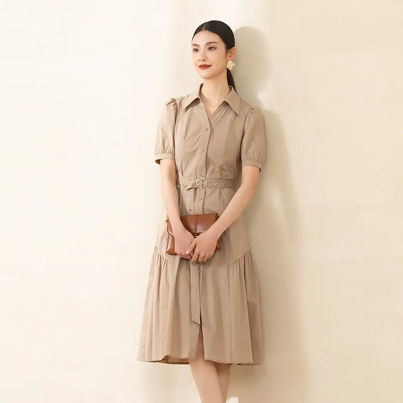 Camel Shirt Style Belted Midi Dress