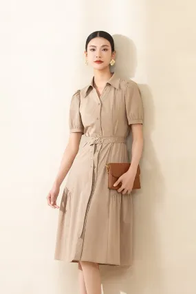 Camel Shirt Style Belted Midi Dress