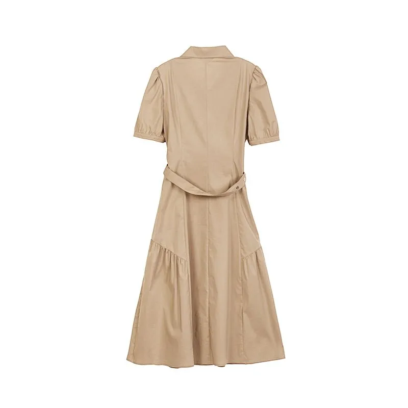 Camel Shirt Style Belted Midi Dress