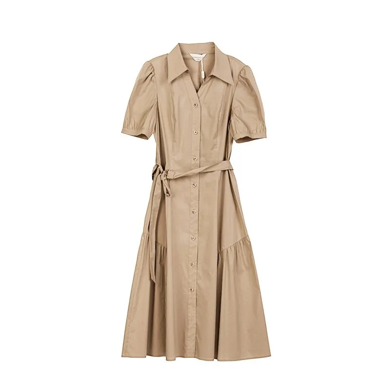 Camel Shirt Style Belted Midi Dress