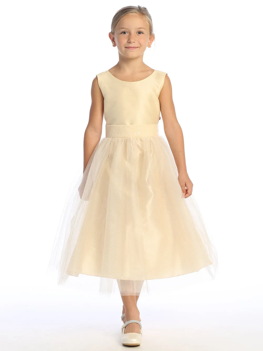 Champagne Flower Girl Dress w/ shantung & sparkle tulle with sequins