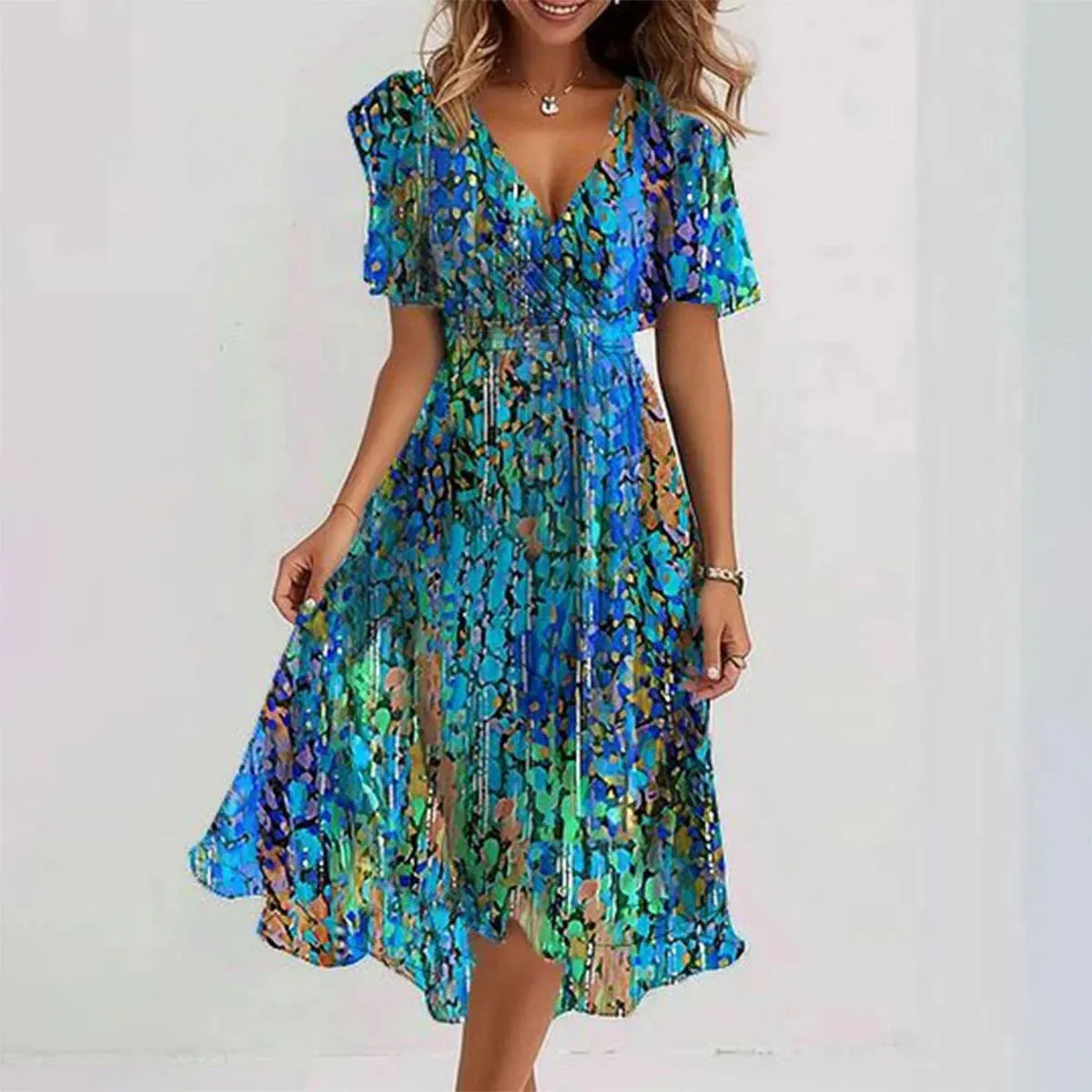 Chiffon Printed Short Sleeve Dress Summer Elegant V-neck Dresses Womens Clothing