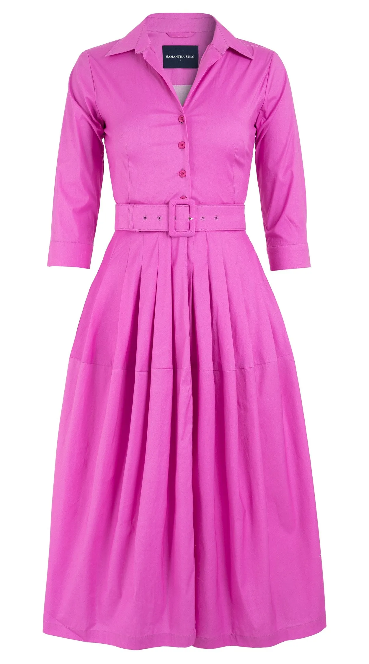 Claire Dress Shirt Collar 3/4 Sleeve Midi Length Cotton Stretch_Solid_Hot Pink