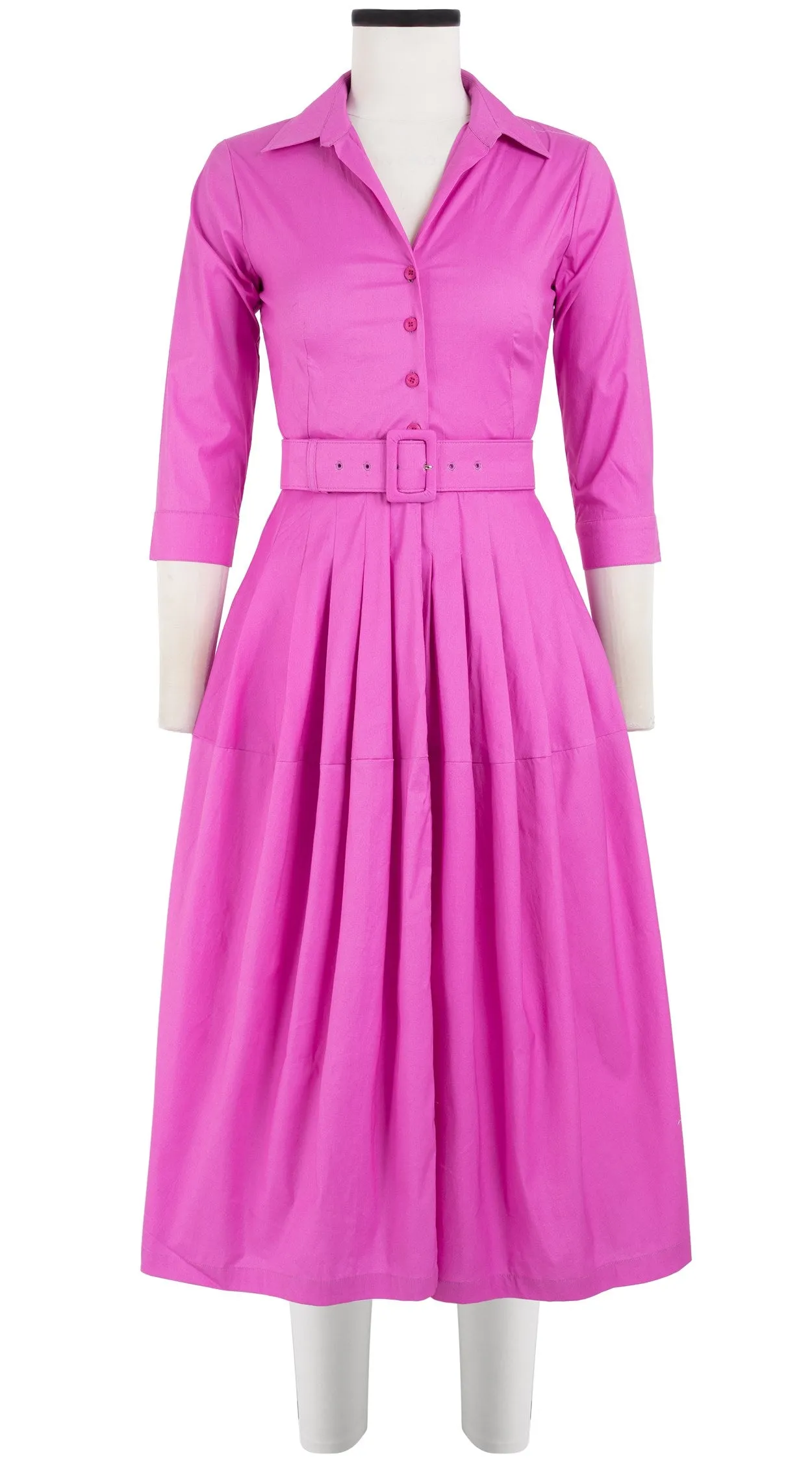 Claire Dress Shirt Collar 3/4 Sleeve Midi Length Cotton Stretch_Solid_Hot Pink