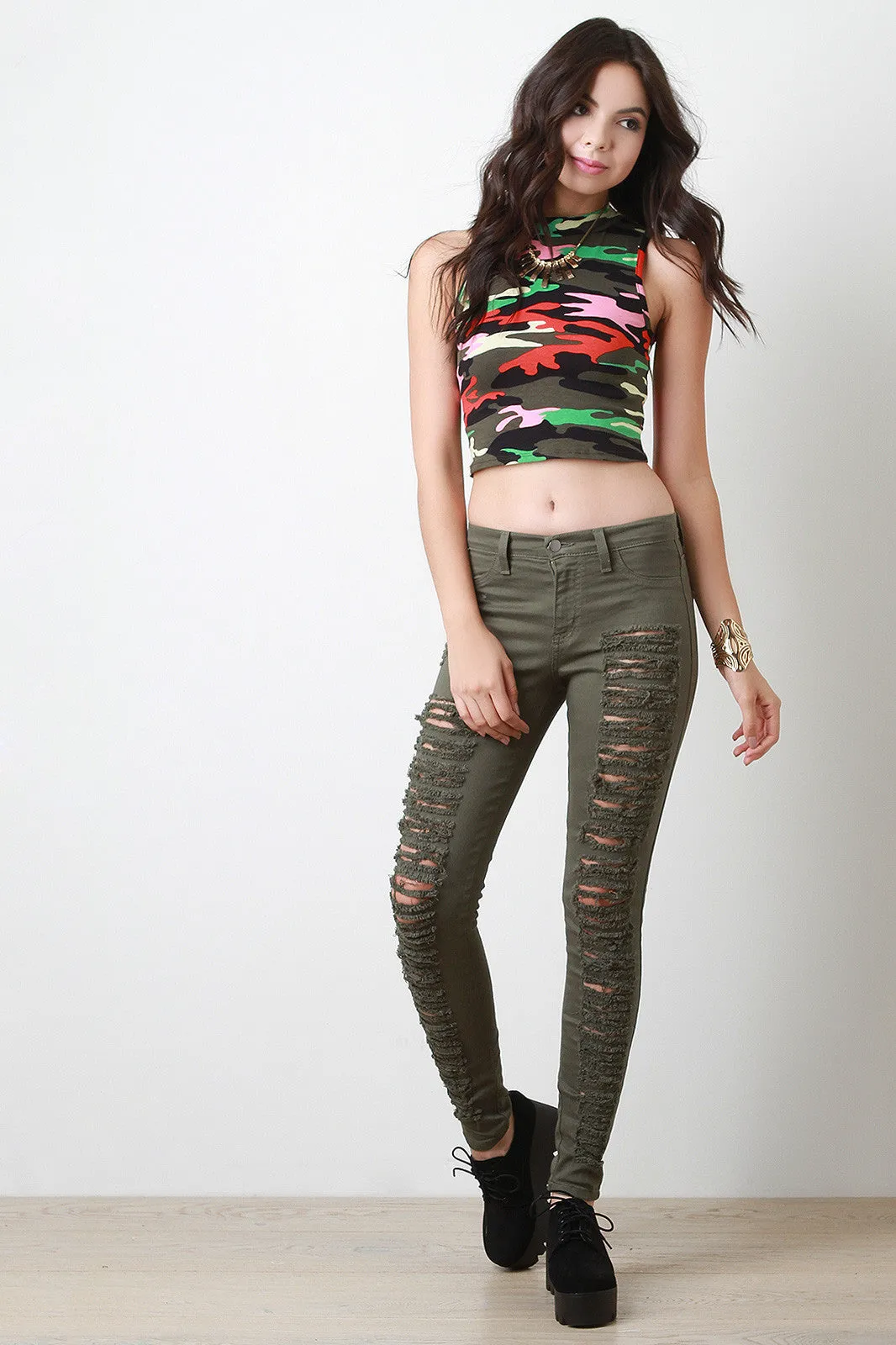 Colorful Camouflage Mock Neck Sleeveless Crop Top