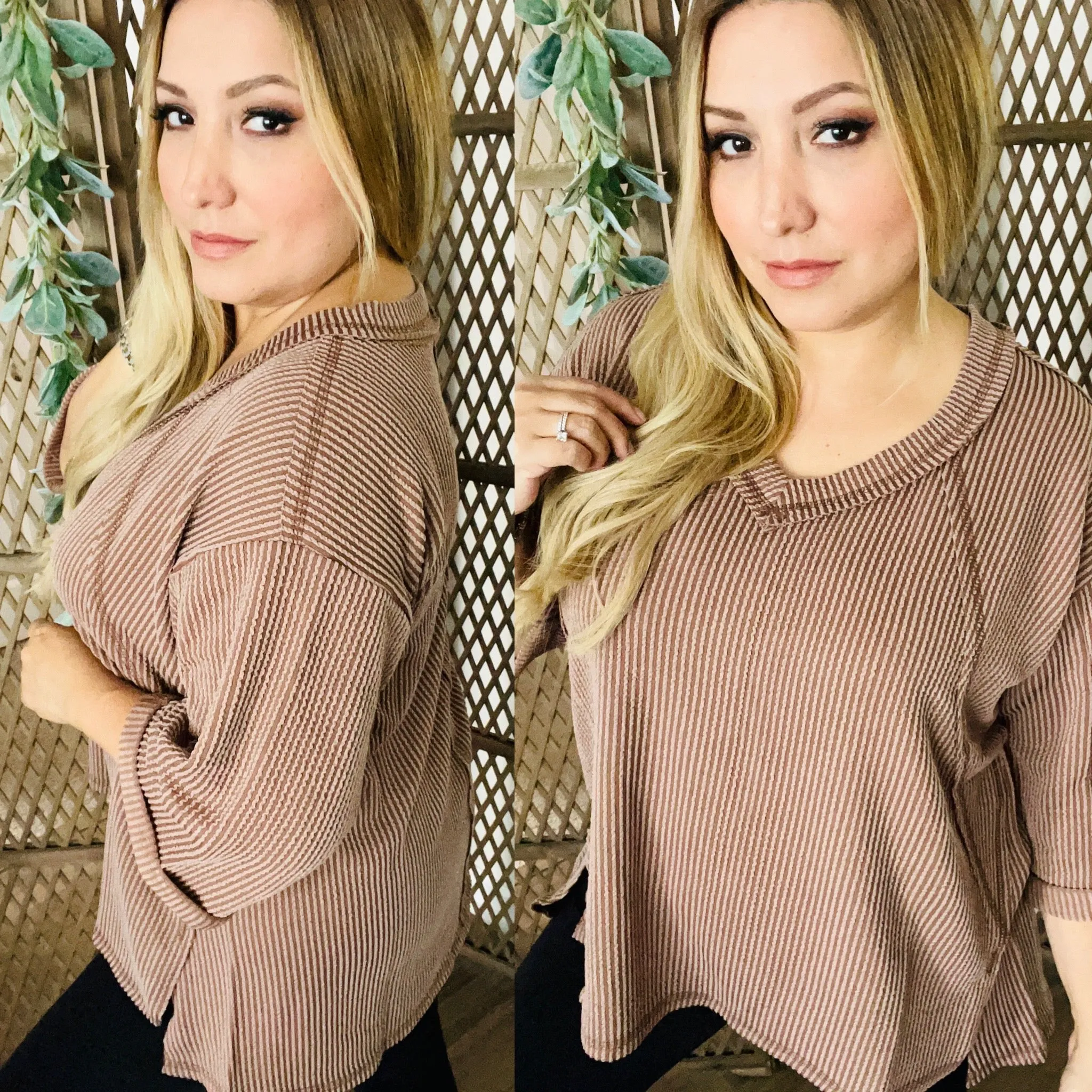 Corded Rib 3/4 Sleeve Hi-Low V Neck Top: Mocha