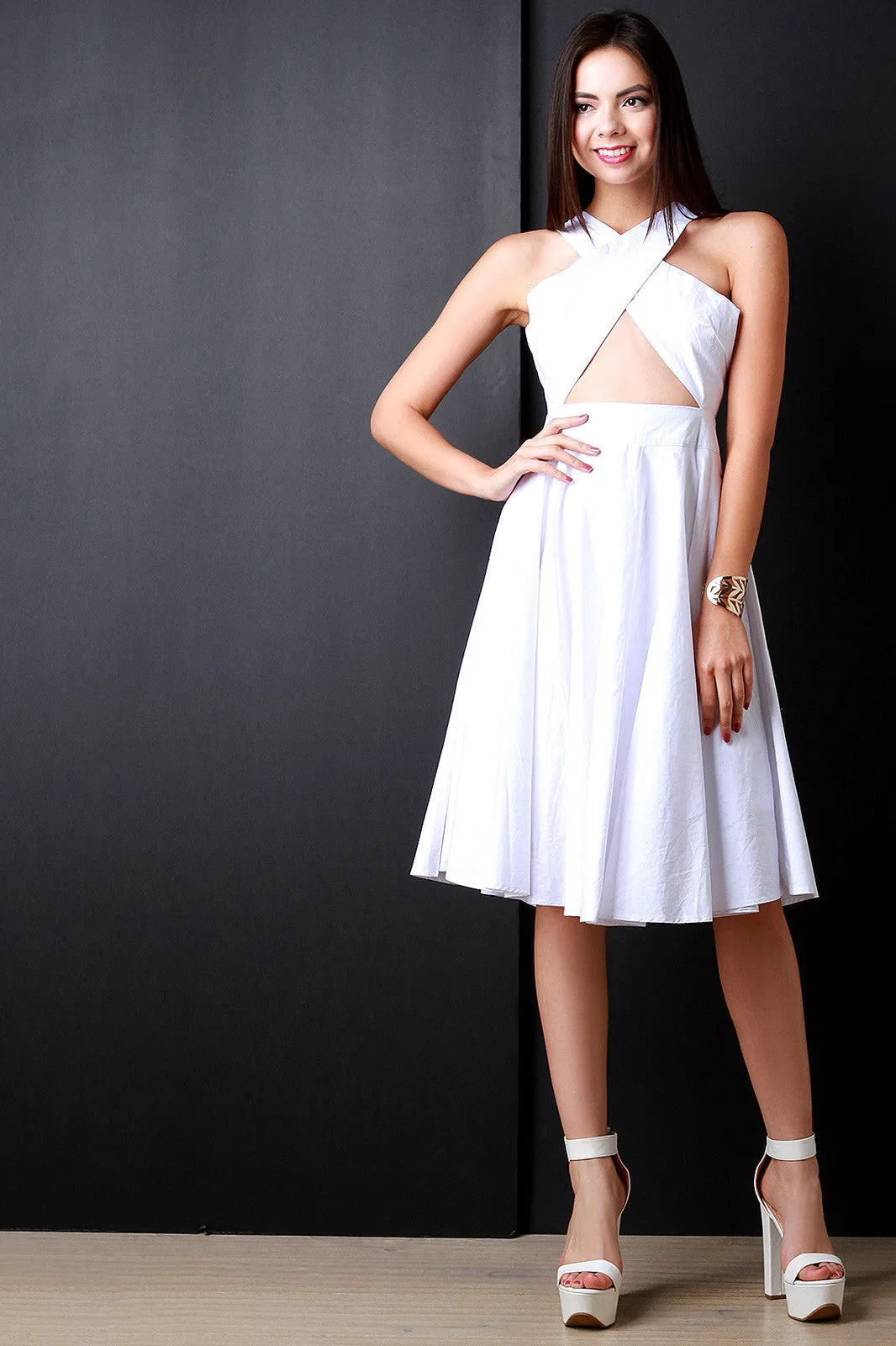 Crisscross Band Cover Keyhole Skater Dress