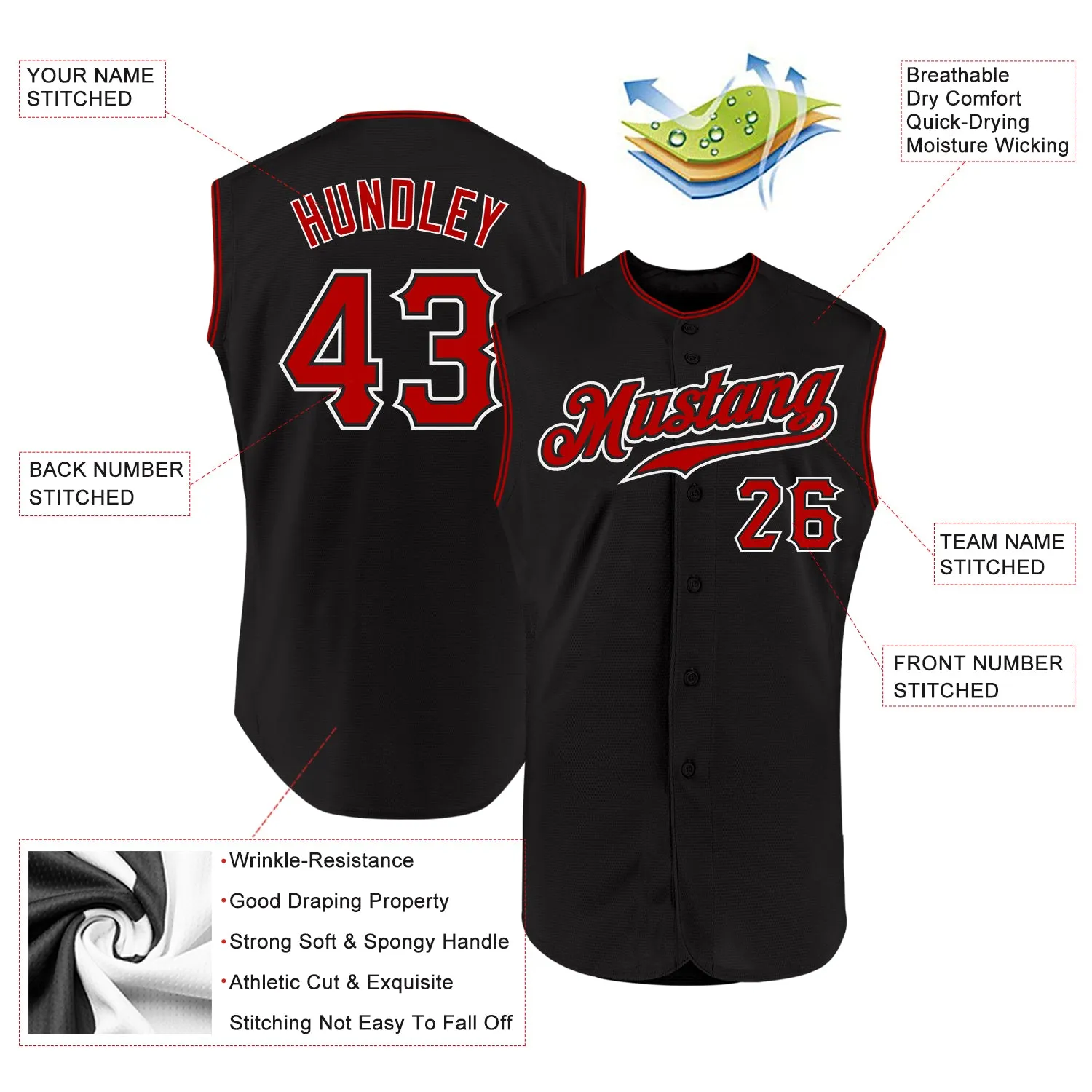 Custom Black Red-White Authentic Sleeveless Baseball Jersey