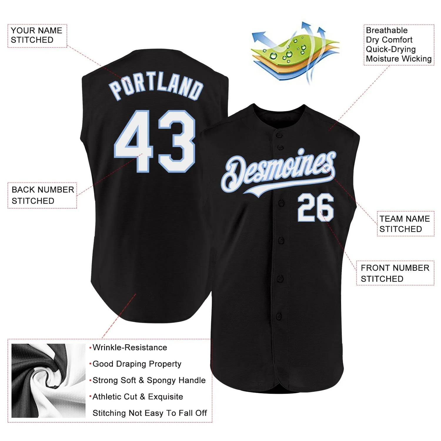 Custom Black White-Light Blue Authentic Sleeveless Baseball Jersey