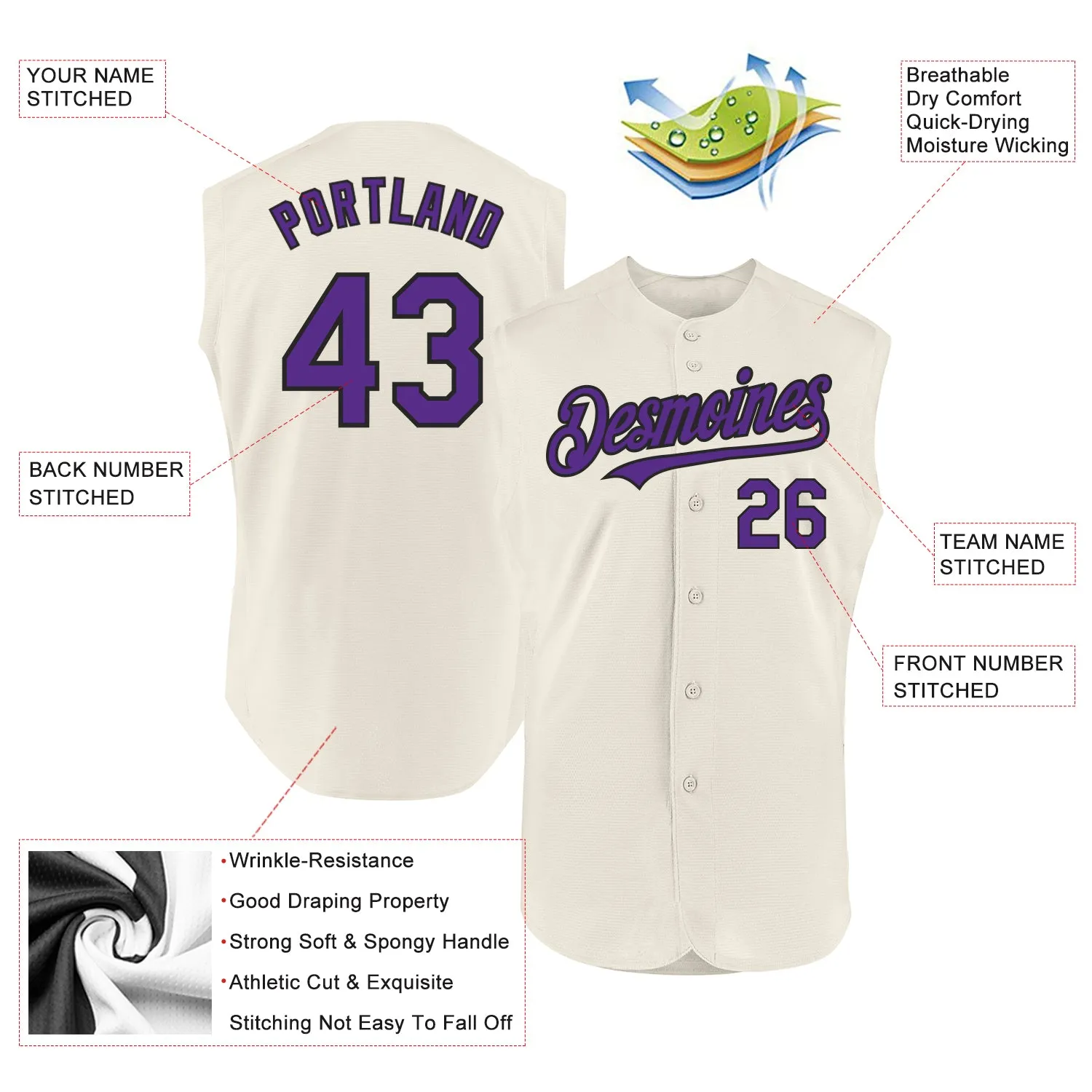 Custom Cream Purple-Black Authentic Sleeveless Baseball Jersey