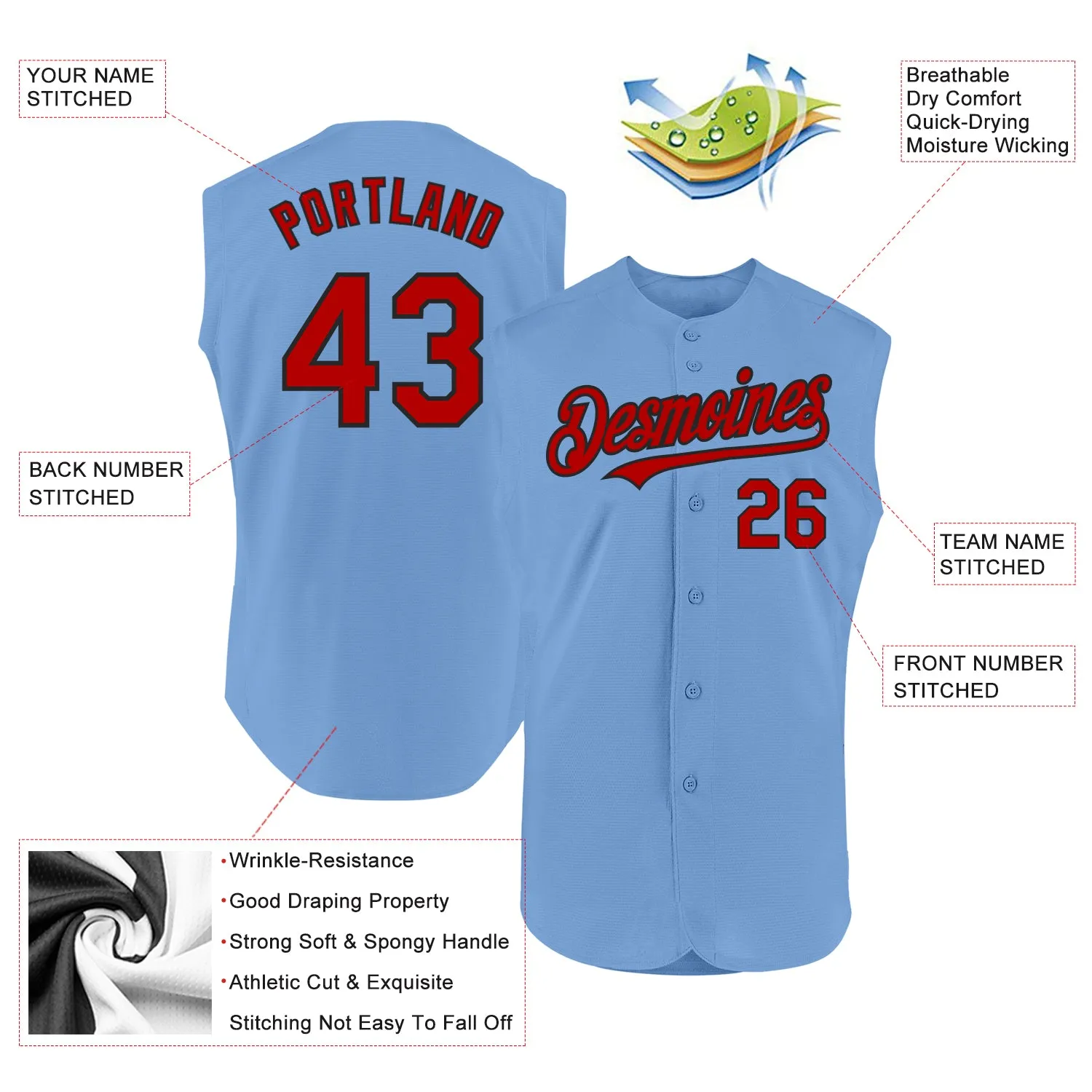 Custom Light Blue Red-Black Authentic Sleeveless Baseball Jersey