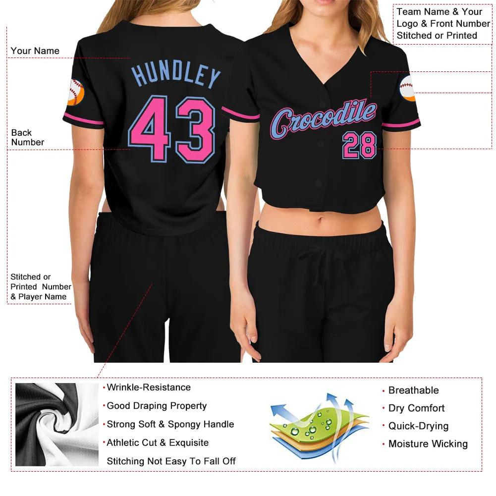 Custom Women's Black Pink-Light Blue V-Neck Cropped Baseball Jersey