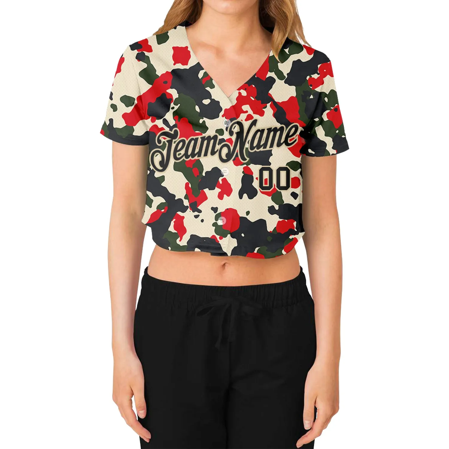 Custom Women's Camo Black-Cream Salute To Service V-Neck Cropped Baseball Jersey