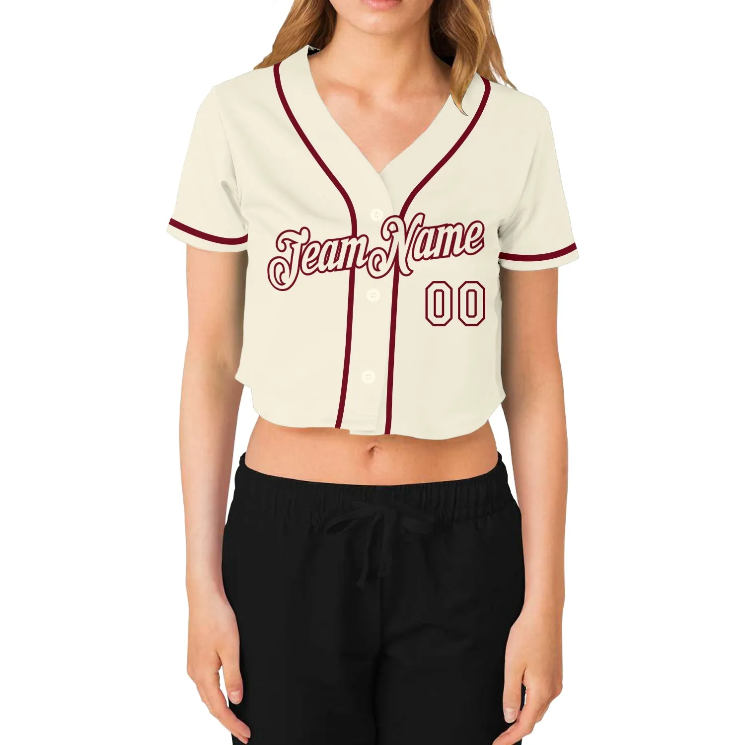 Custom Women's Cream Cream-Crimson V-Neck Cropped Baseball Jersey