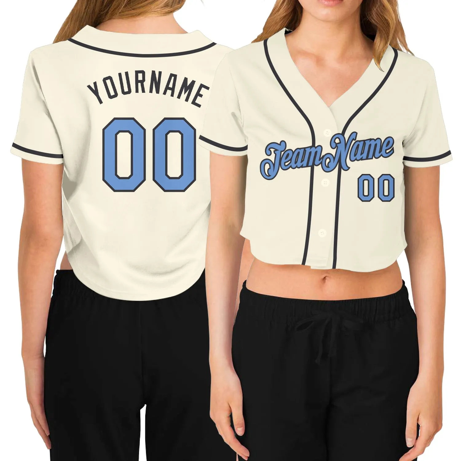 Custom Women's Cream Light Blue-Steel Gray V-Neck Cropped Baseball Jersey