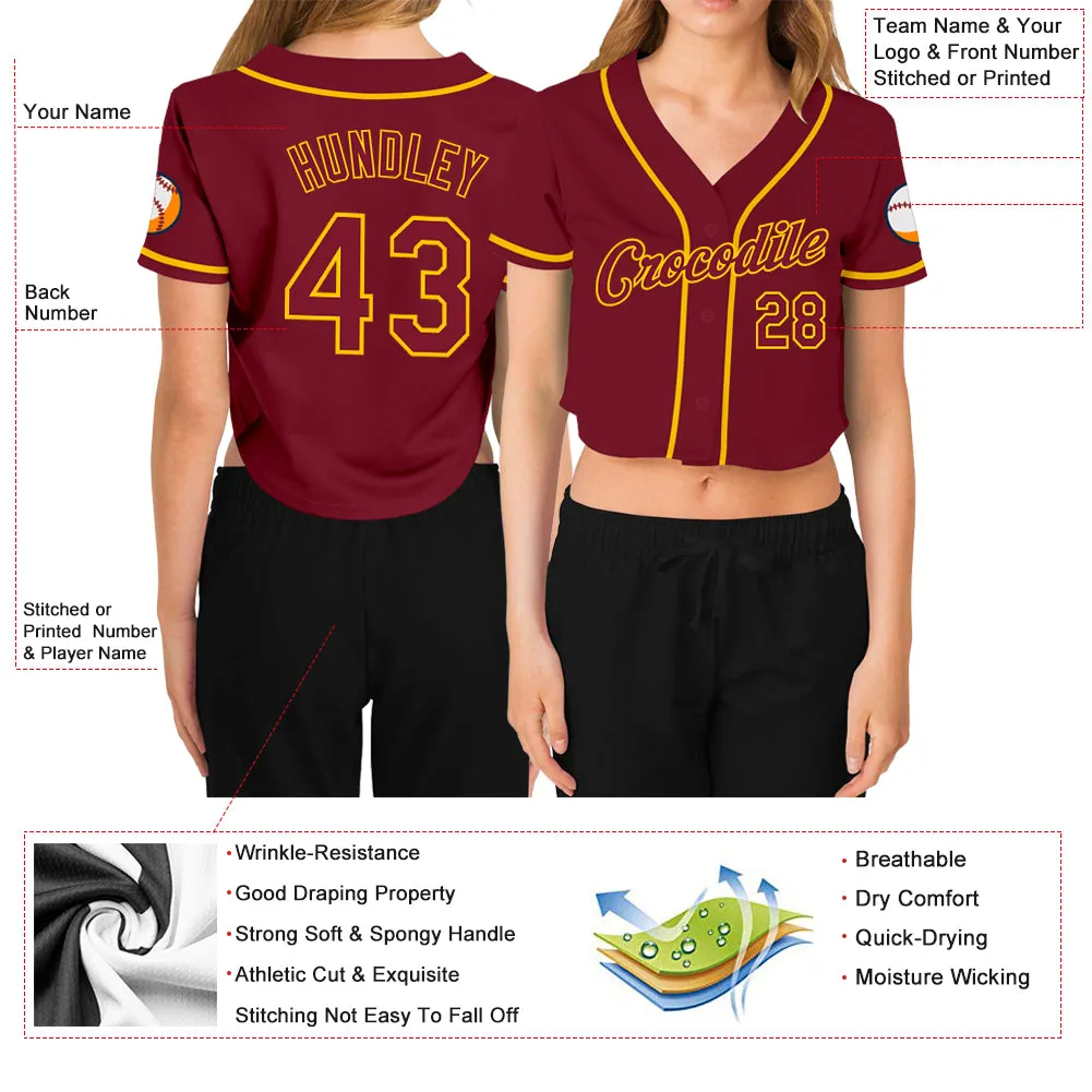 Custom Women's Crimson Crimson-Gold V-Neck Cropped Baseball Jersey