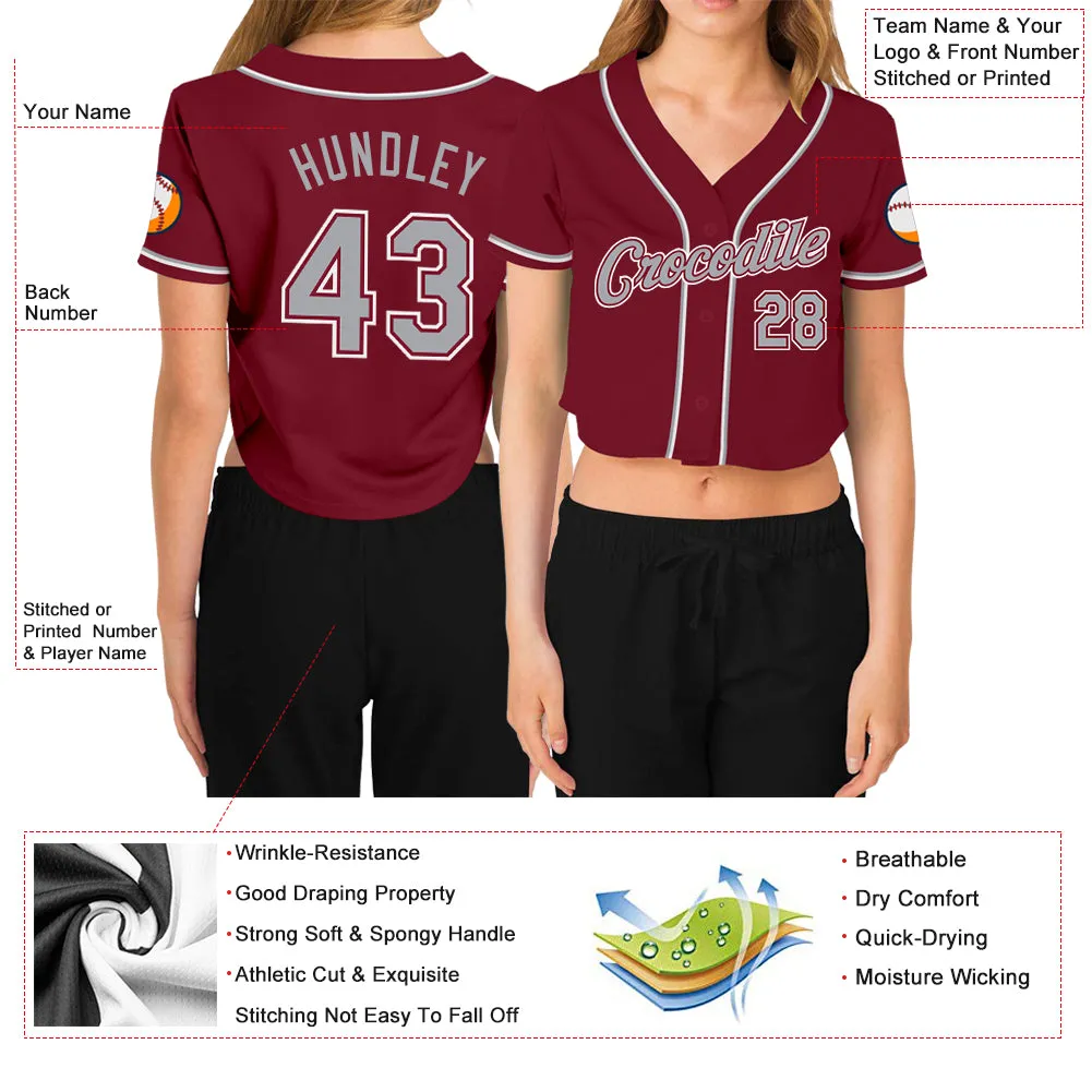 Custom Women's Crimson Gray-White V-Neck Cropped Baseball Jersey