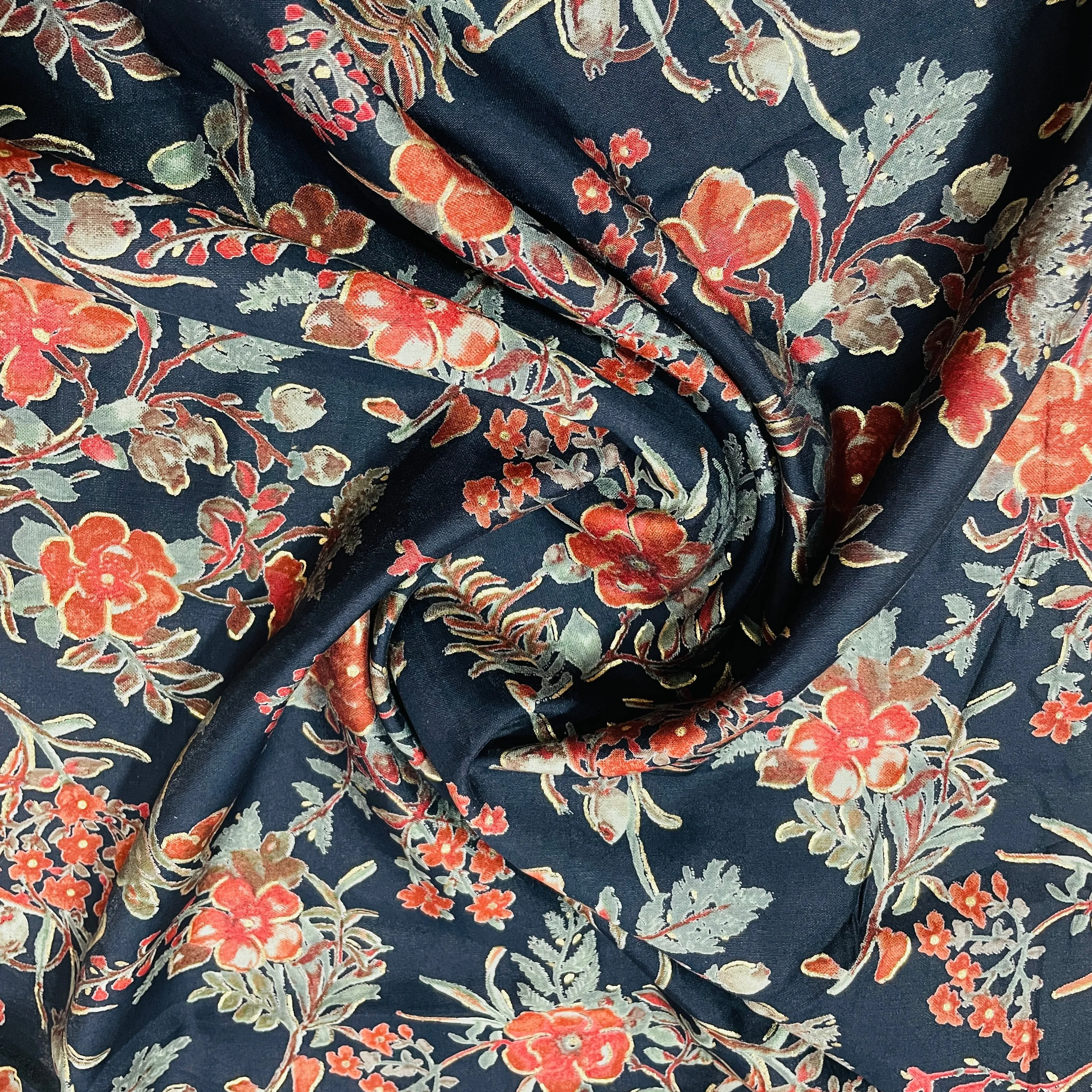 Dark Blue Red Floral Foil Print Chanderi Silk Fabric