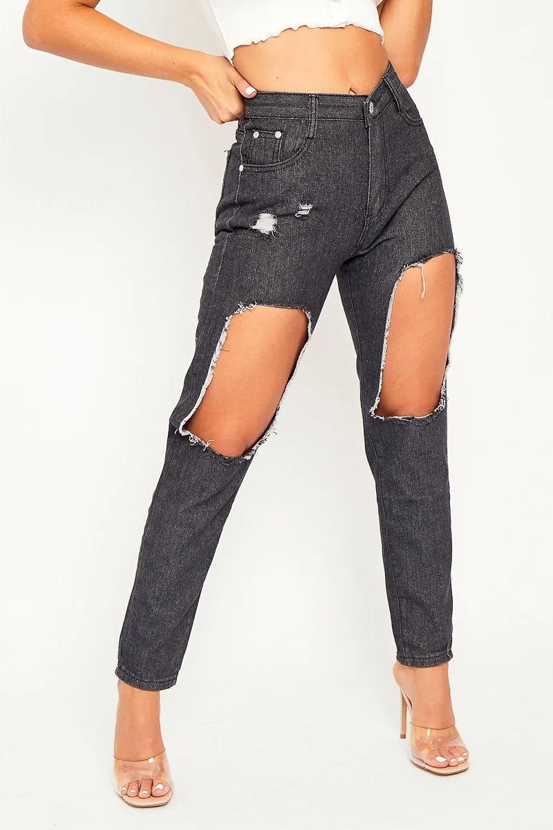 Dark Grey Thigh Rip Mom Jeans - Ellisen