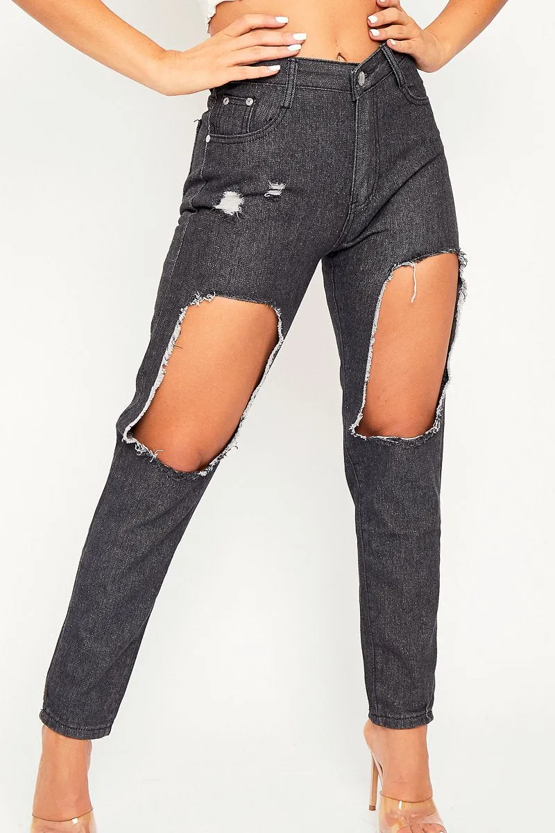 Dark Grey Thigh Rip Mom Jeans - Ellisen