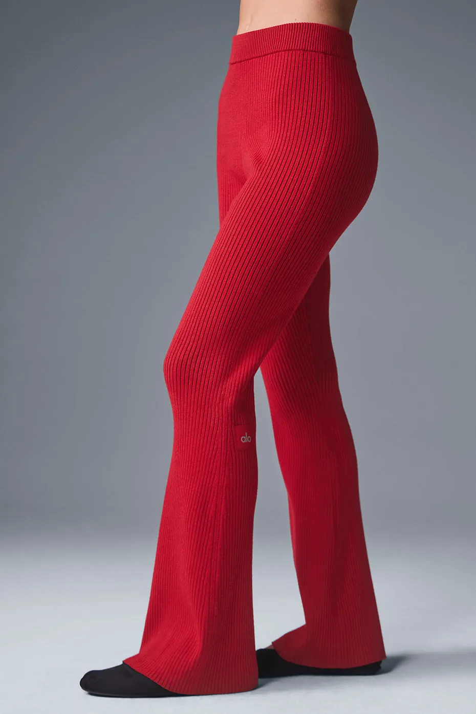 Denim Knit High-Waist Flare Pant - Bold Red/Dark Bold Red