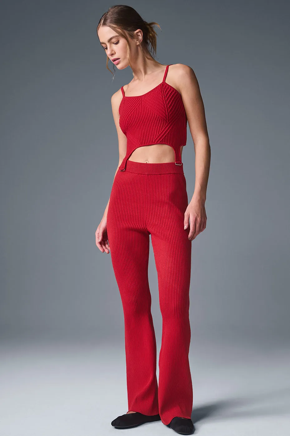 Denim Knit High-Waist Flare Pant - Bold Red/Dark Bold Red