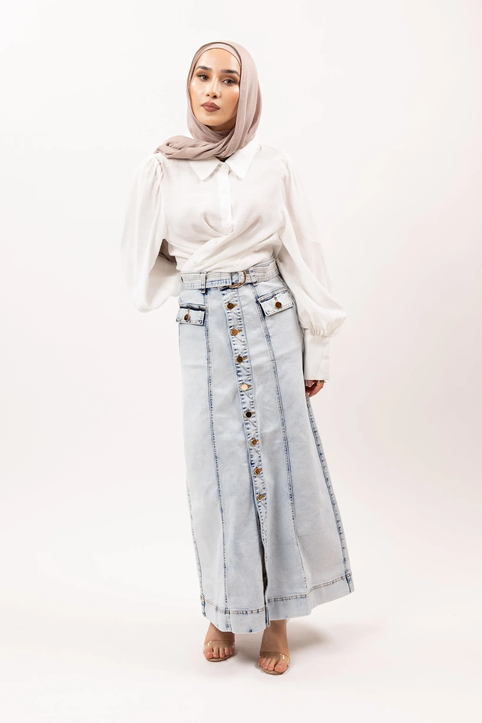 Denim Skirt Button Up With Belt