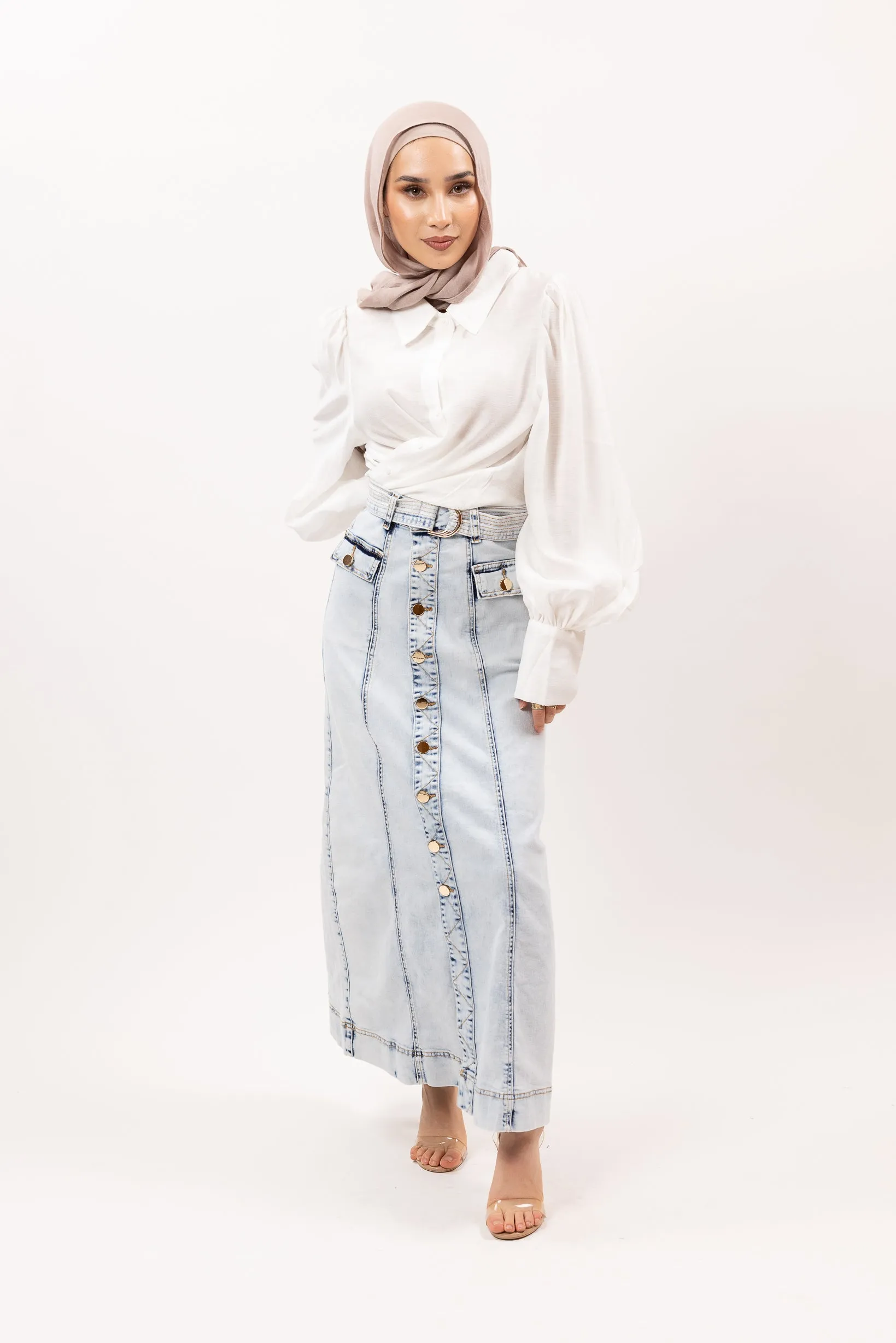 Denim Skirt Button Up With Belt