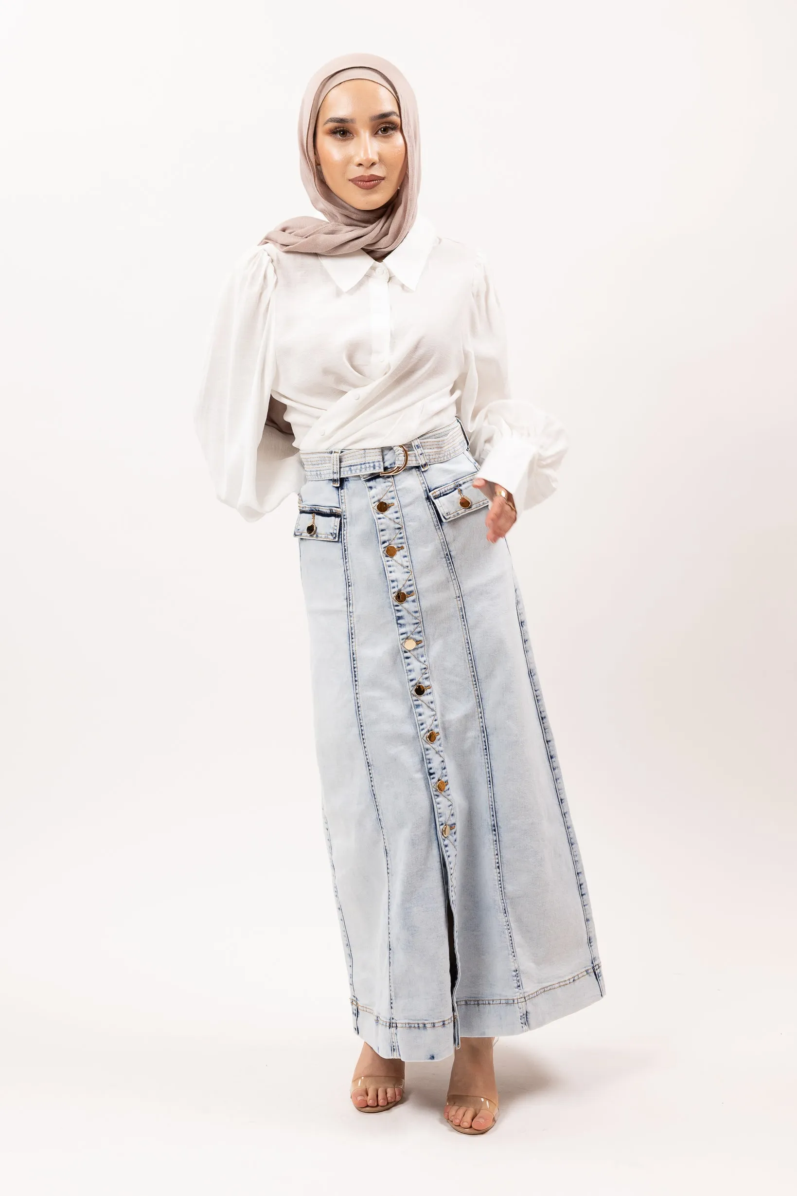 Denim Skirt Button Up With Belt