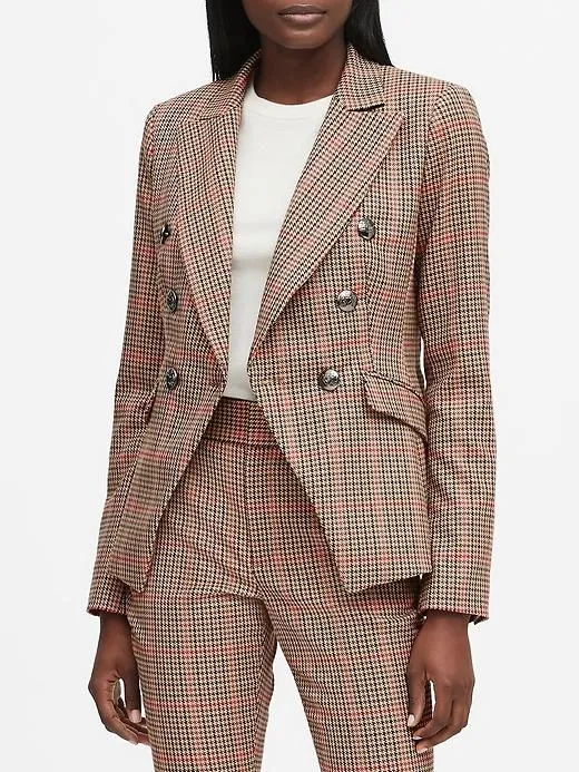 Double-Breasted Plaid Blazer in Camel