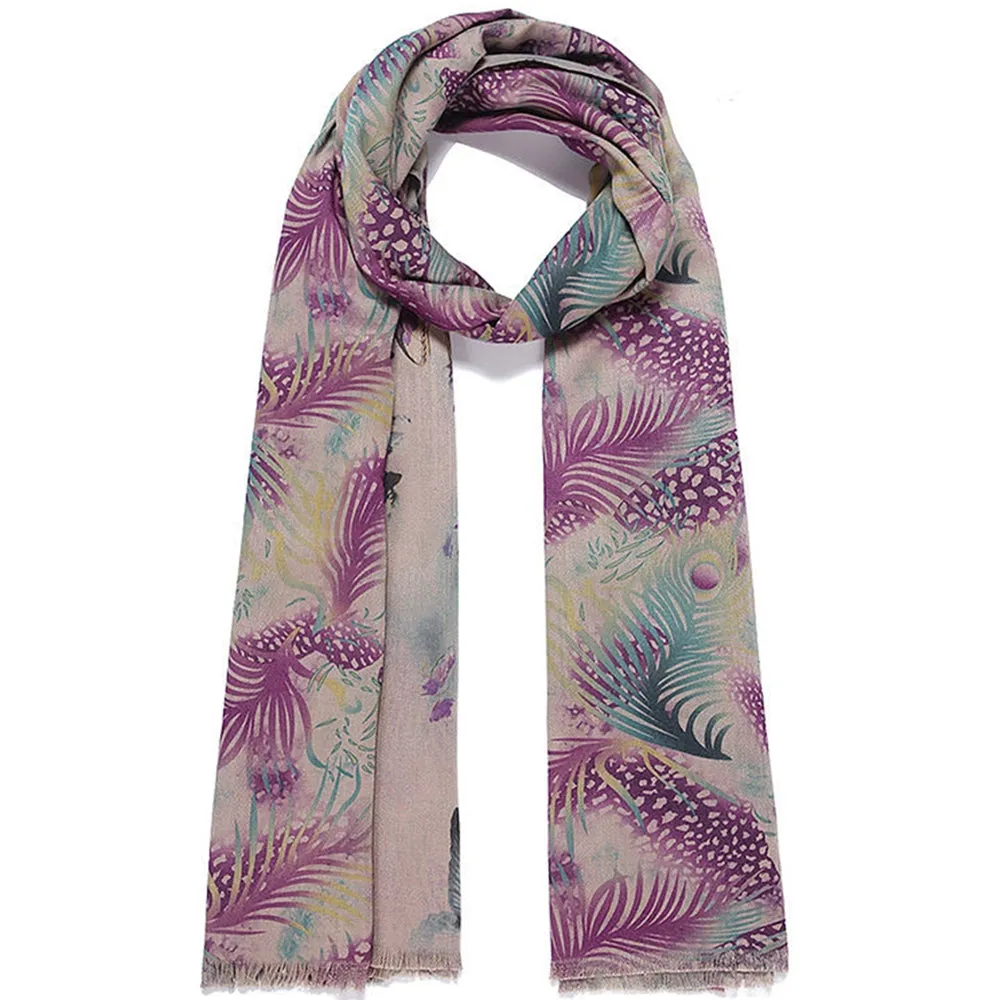 Double sided long scarf butterfly print and a feather design