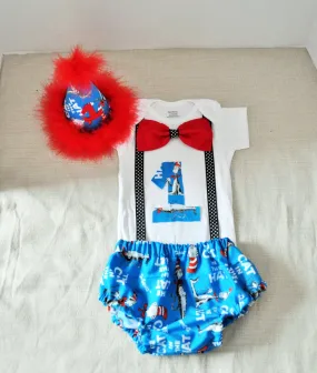 Dr Seuss cake smash outfit with party hat, Cat in the hat outfit 1st 2nd 3rd  birthday, Dr Seuss Shirt, Dr Seuss Birthday, boys cake smash