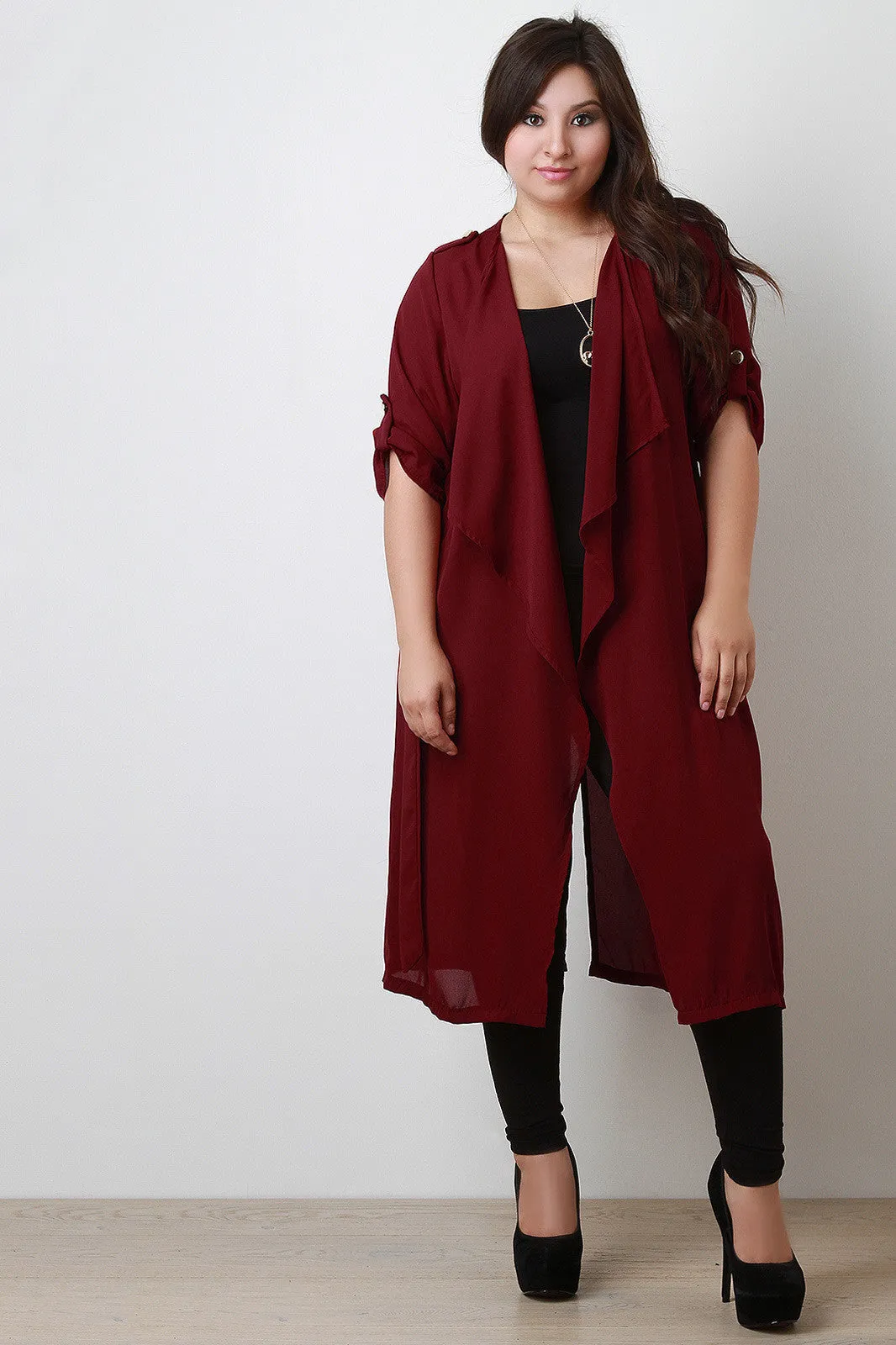 Draped Chiffon Longline Trench Coat