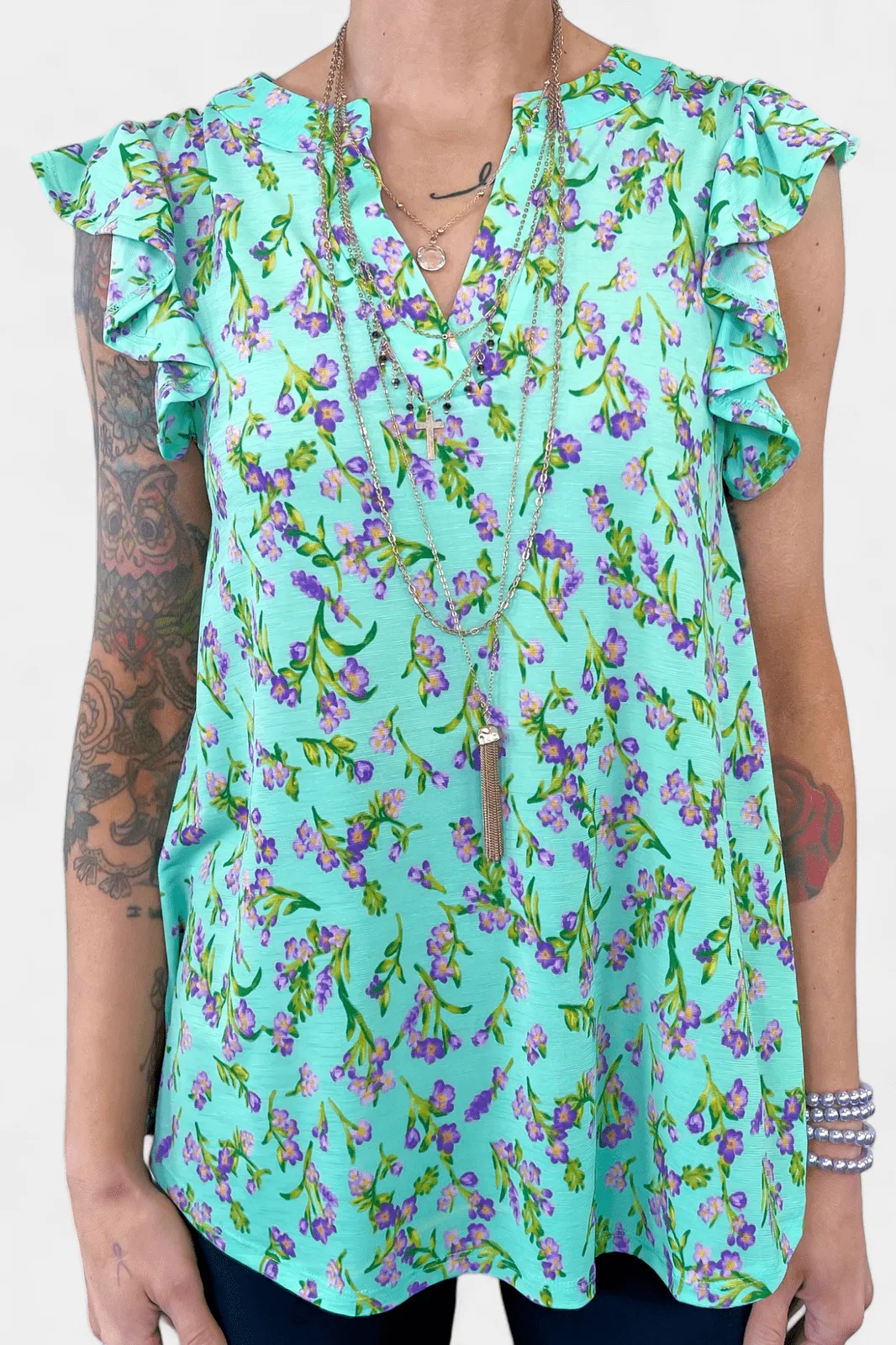 Emerald Floral Lizzy Flutter Sleeve Top [NO RETURNS]