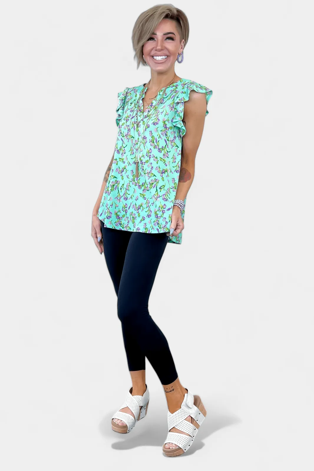 Emerald Floral Lizzy Flutter Sleeve Top [NO RETURNS]