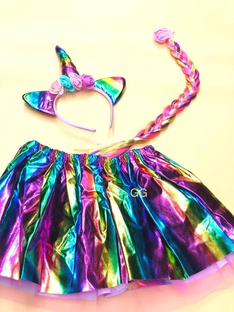 FancyDressWale Unicorn Dress Rainbow Skirt with Braid and Head Band (Free Size 3-7 Years)